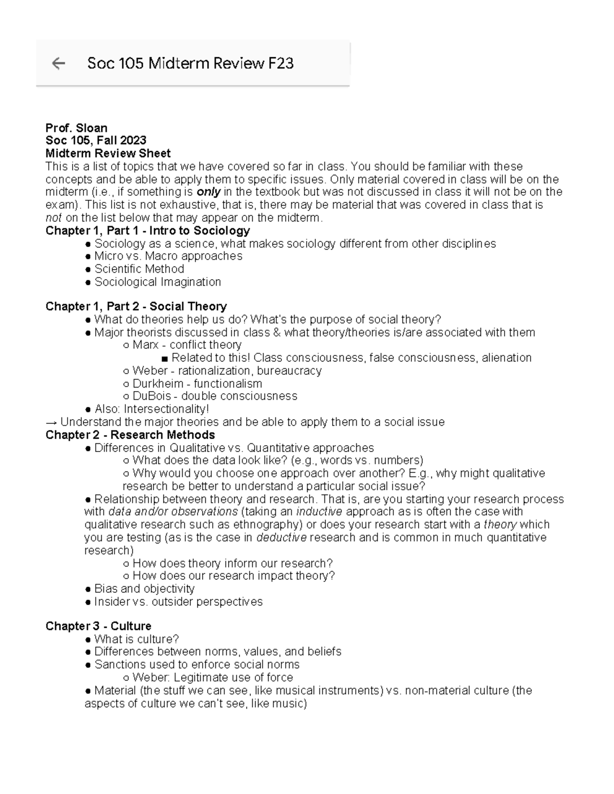 Soc 105 Midterm Review Guide for Fall 2023 - Studocu