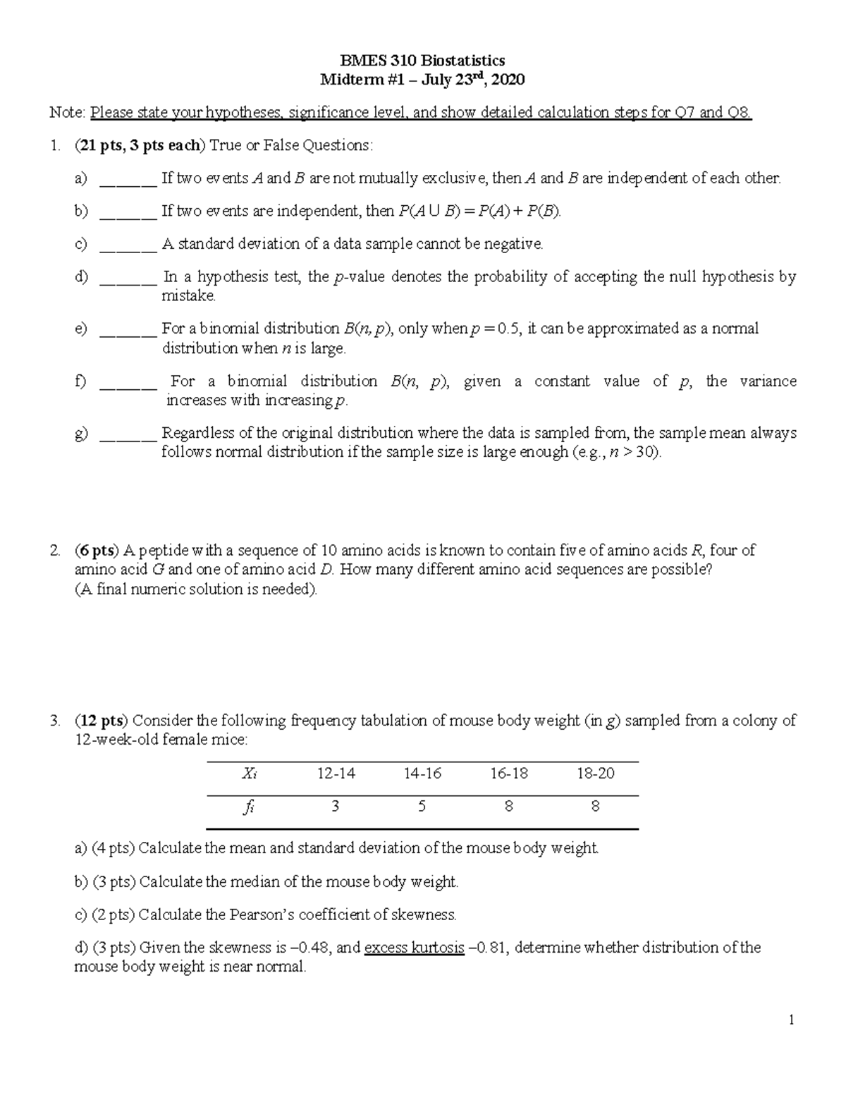 BMES 310 Biostatistics Midterm Exam Notes - July 2020 - Studocu