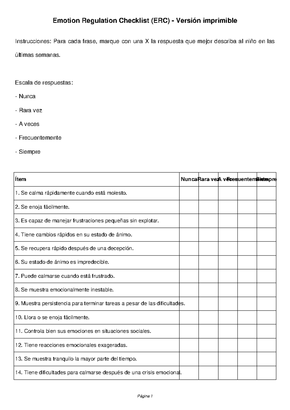 ERC Versión Imprimible: Instrucciones y Escala de Respuestas - Studocu