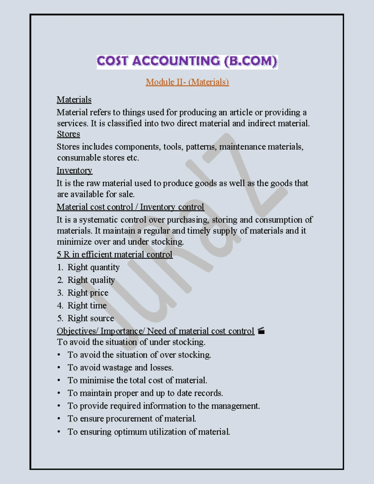 COST 101: Short Notes on Cost Accounting Module I - Introduction - Studocu