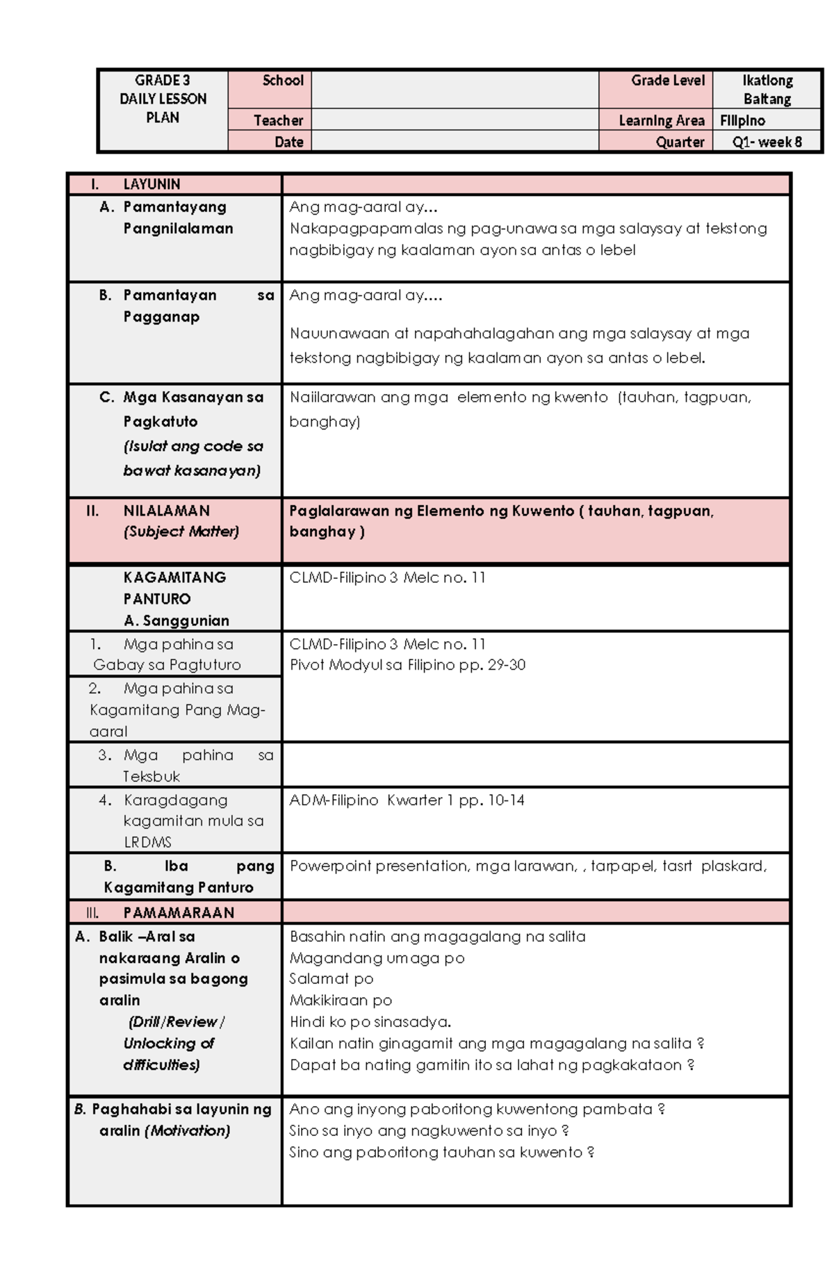 COT-Filipino 3 Q1 W8: Daily Lesson Plan on Story Elements - Studocu