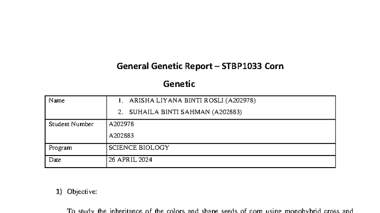 STBP1033 Lab Report: Inheritance Patterns in Corn Genetics - Studocu