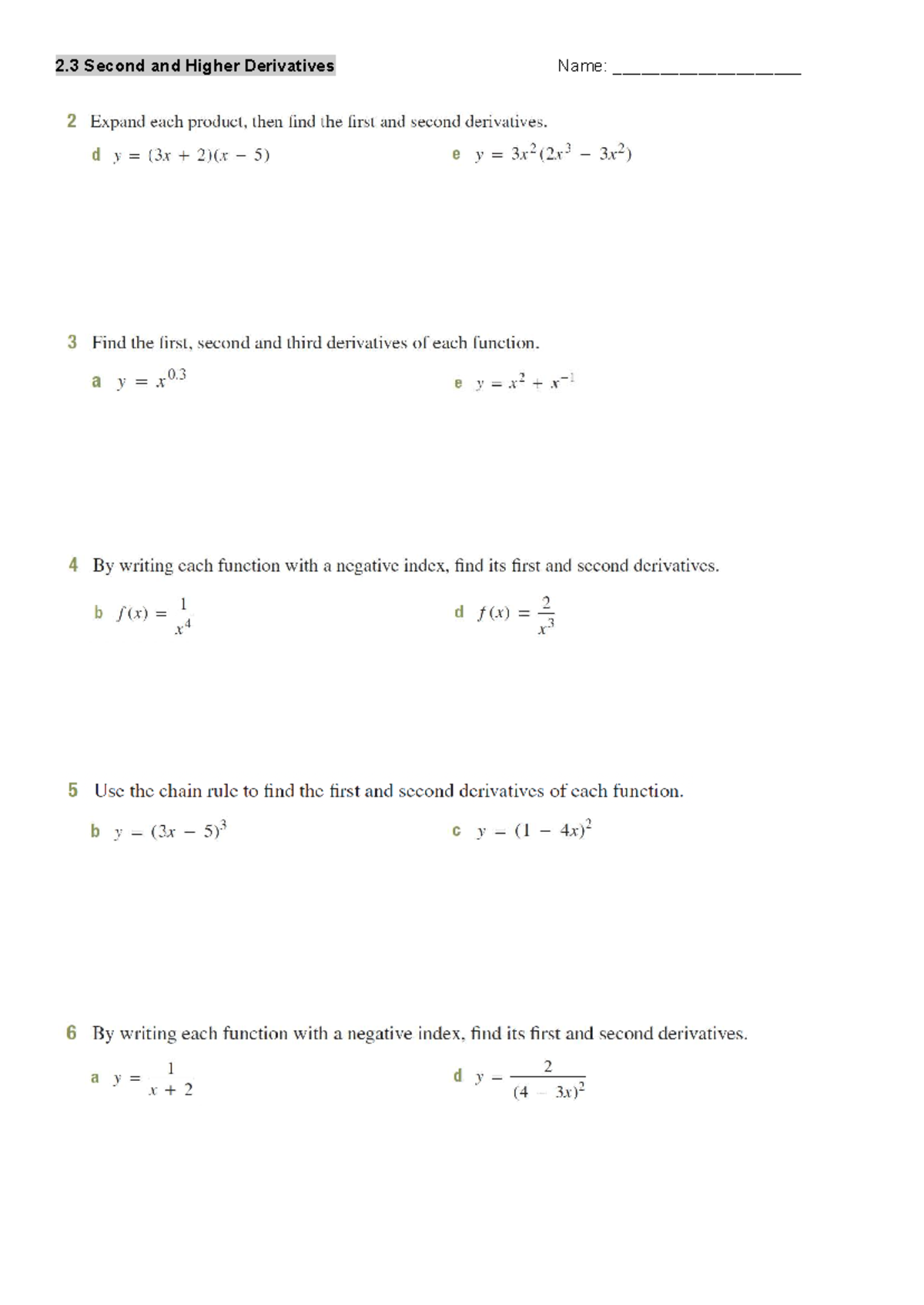 2.3 Homework - Second and Higher Derivatives - Studocu
