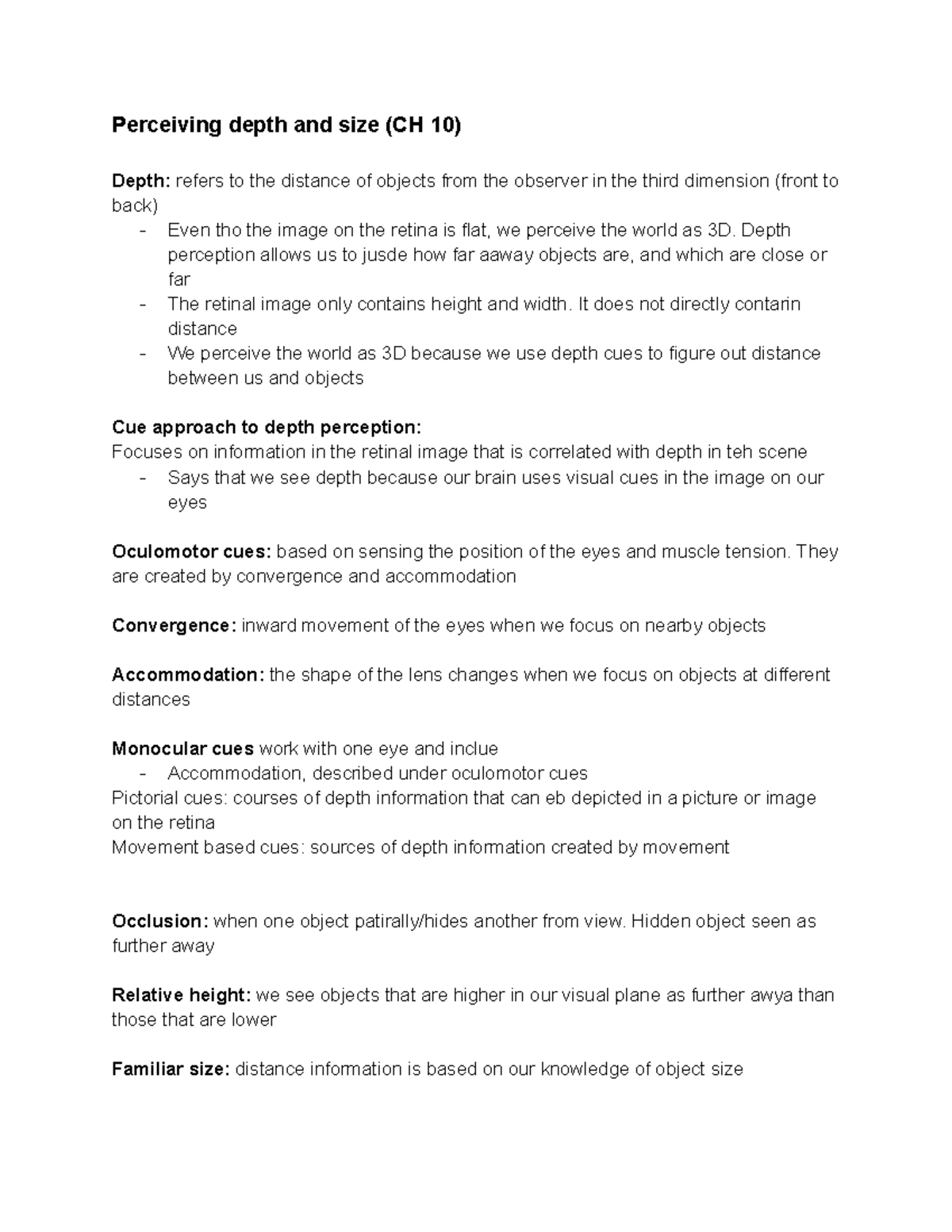 Depth Perception Insights (CH 10) - Intro to Perception Notes - Studocu
