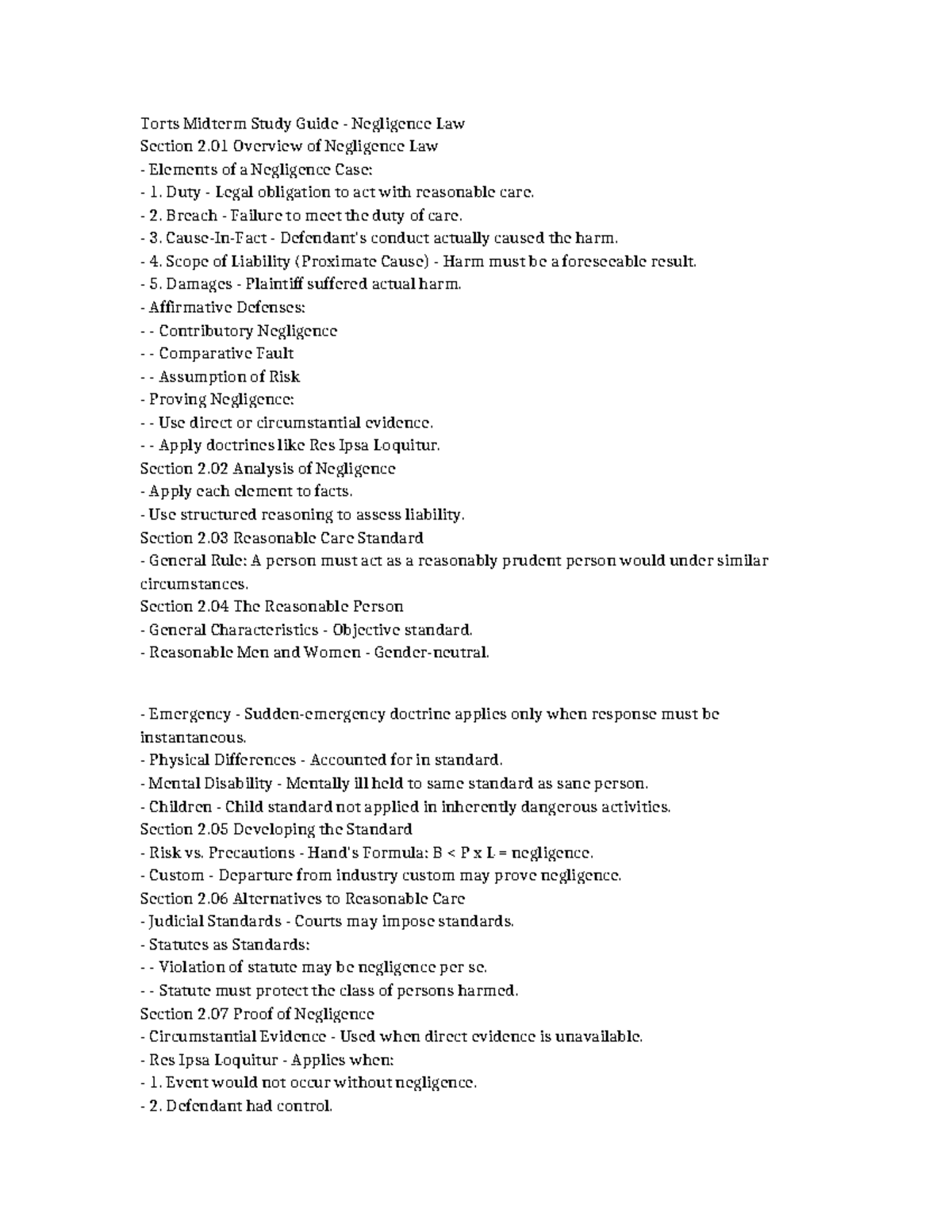Torts Midterm Study Guide: Key Elements of Negligence Law - Studocu
