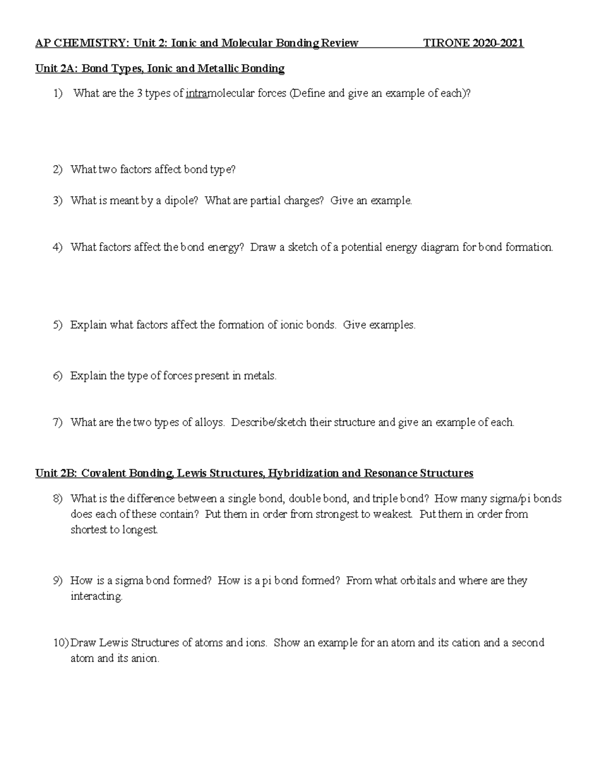 AP CHEMISTRY: Unit 2 Review on Ionic & Molecular Bonding - Studocu