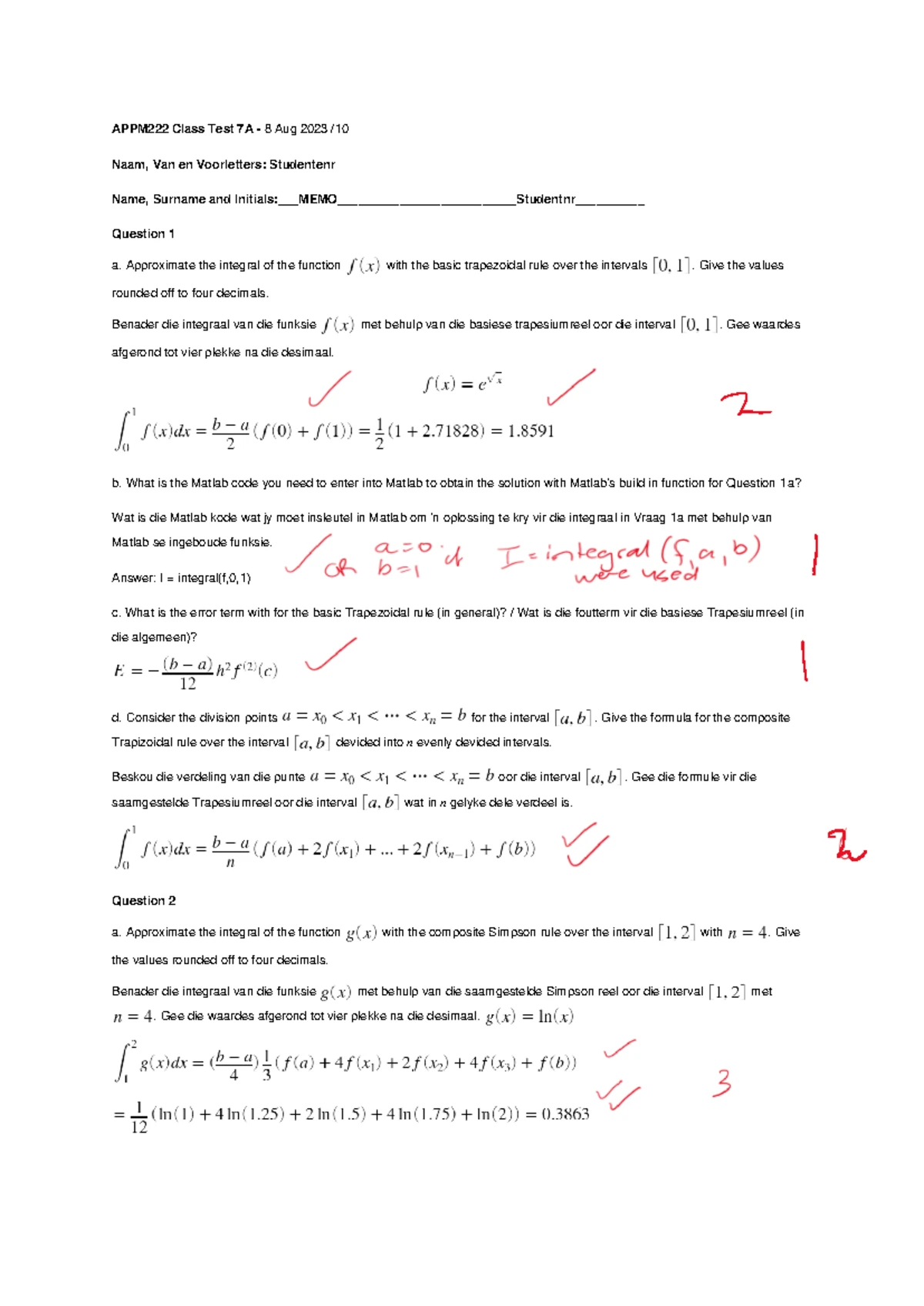 APPM222 - Tutorial Test 4A Memo and Solutions (2019) - Studocu