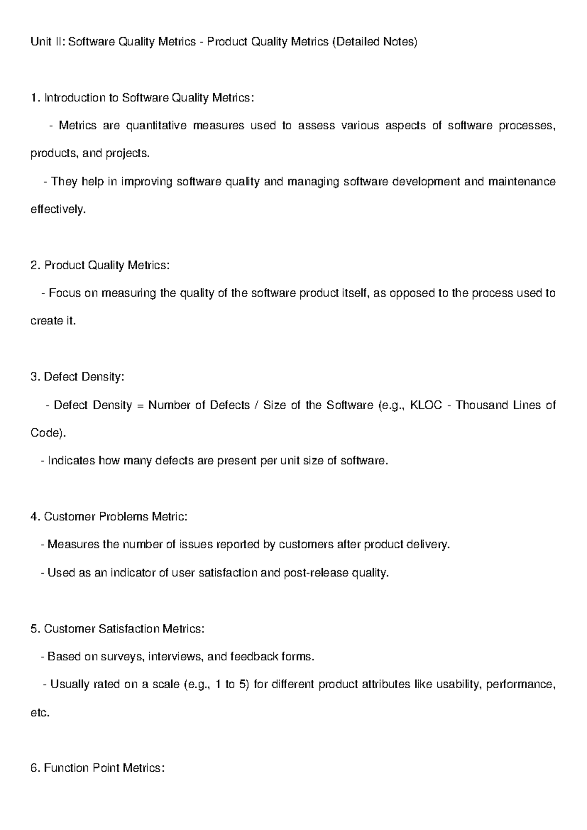 Unit II: Software Quality Metrics - Detailed Notes on Product Quality ...
