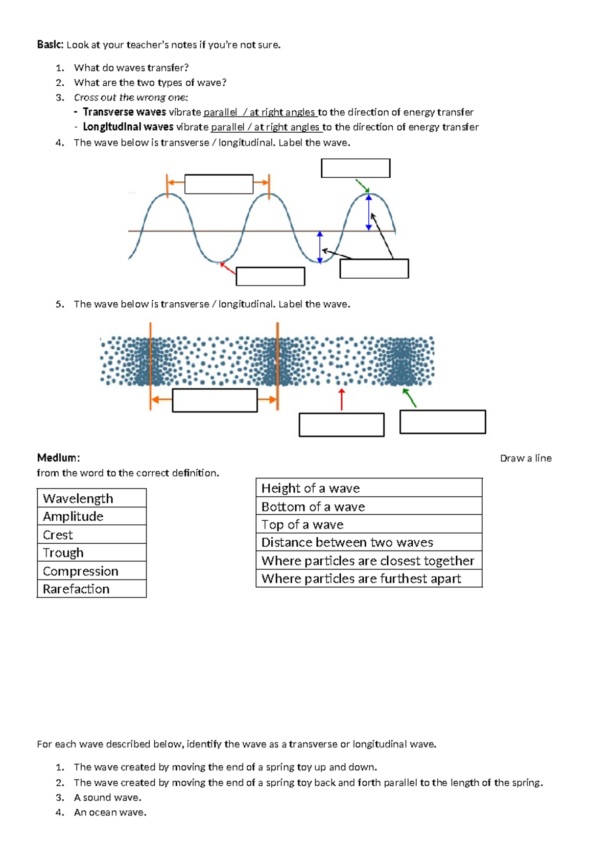 Transverse & Longitudinal Waves Worksheet: Types & Characteristics ...
