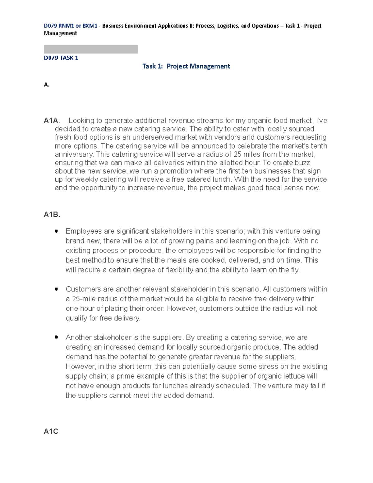 D079 - Task 1 - Project Management for Catering Service Development ...