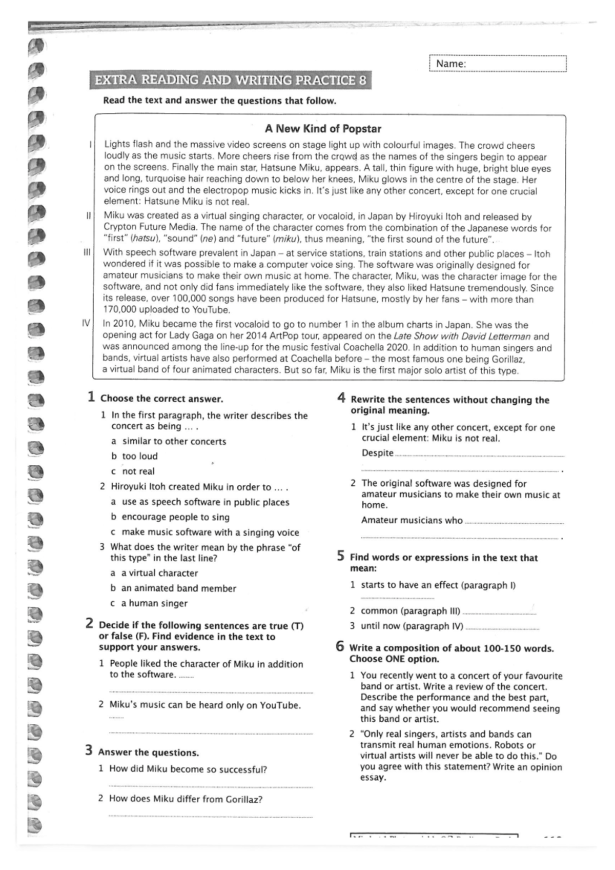 "EXTRA READING AND WRITING PRACTICE 1 - Mindset 1 - Bachillerato" - Document Preview