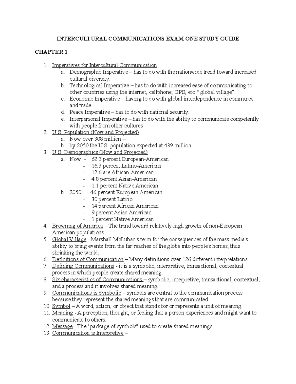 Intercultural Communications EXAM ONE Study Guide - INTERCULTURAL 