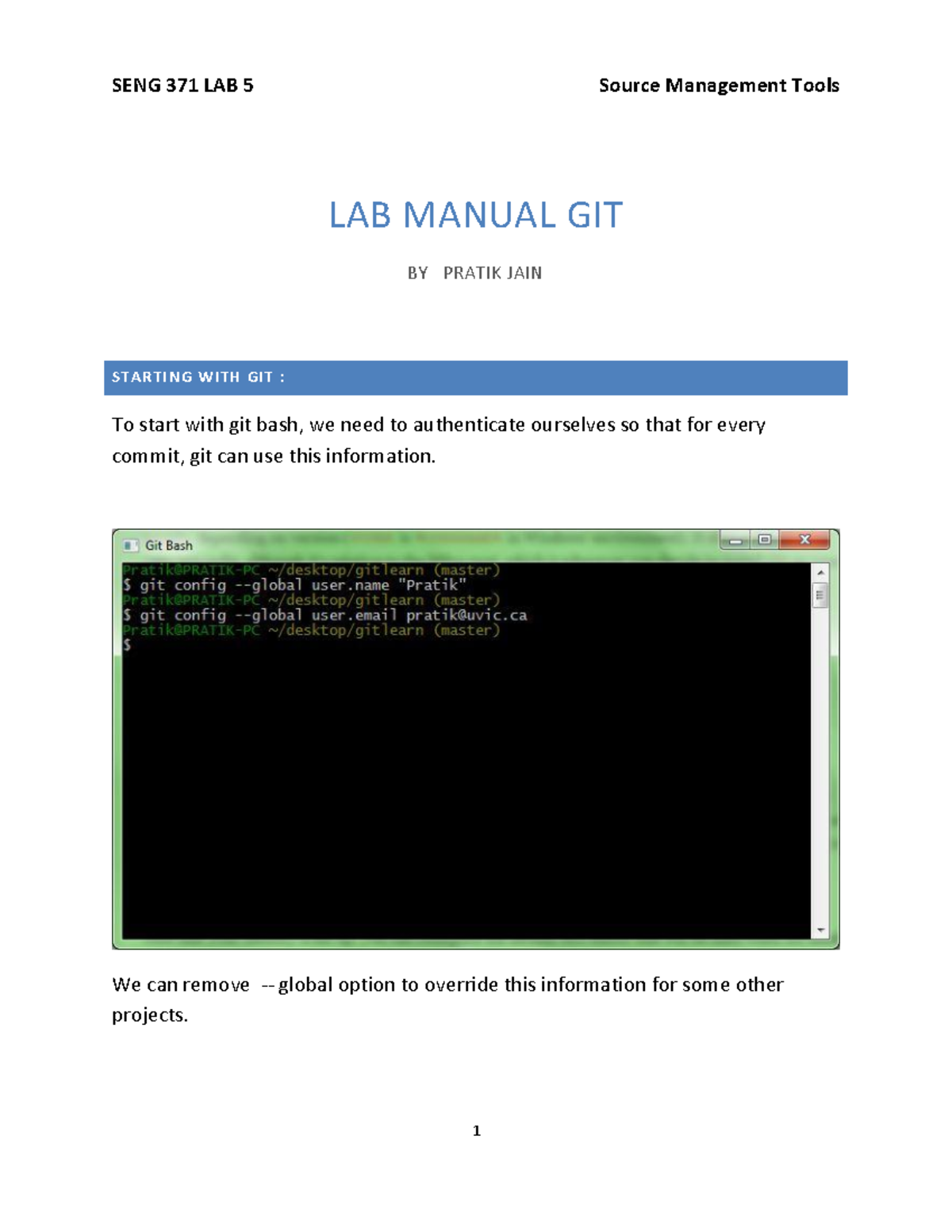 SENG 371 LAB 5 Source Management Tools: Git Manual by Pratik Jain - Studocu