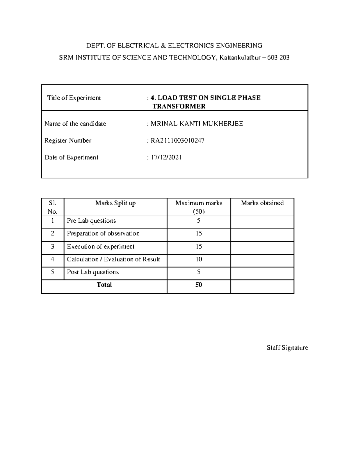 Load Test on Single Phase Transformer - EE Lab Report (Experiment 4 ...