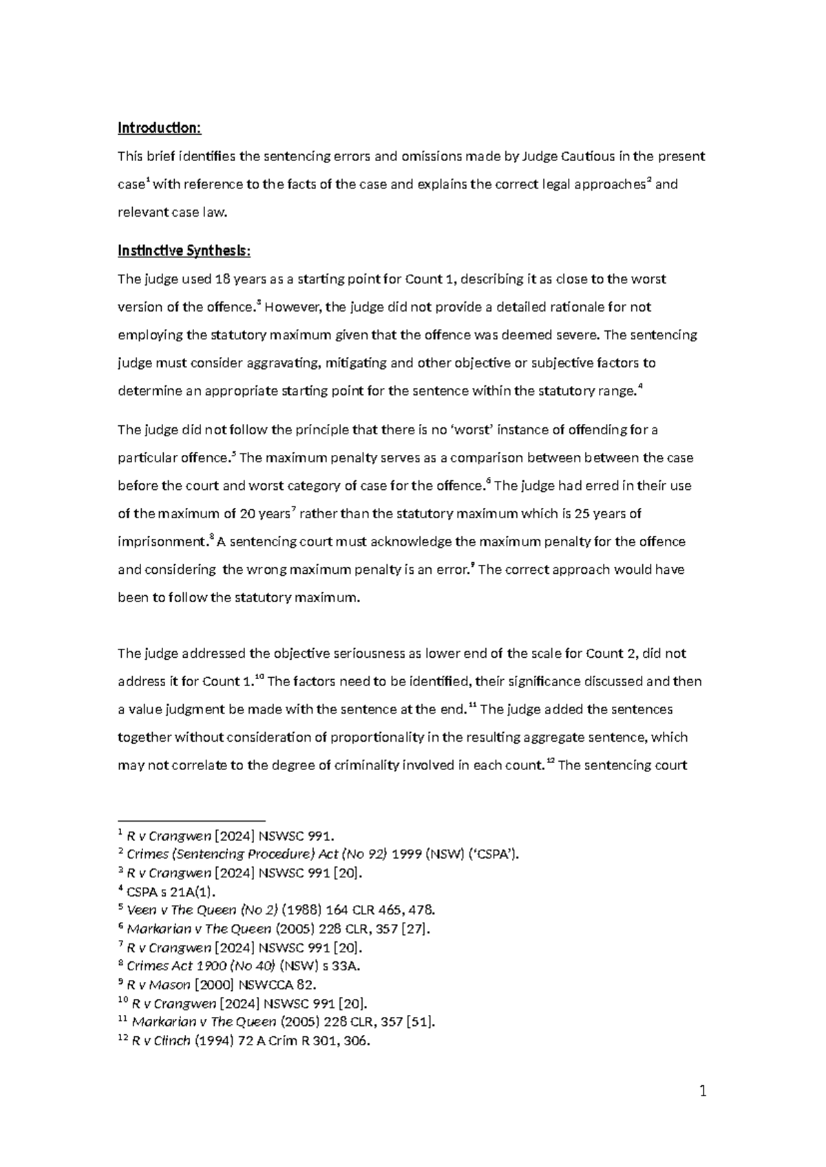Brief for LAW1022 - Midterm Assignment on Sentencing Errors in R v ...