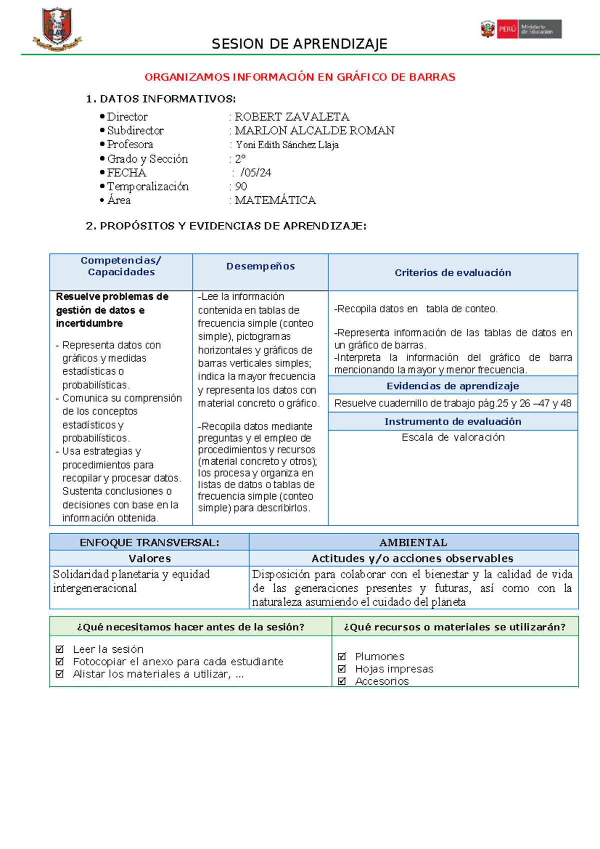 SESION DE APRENDIZAJE: ORGANIZAMOS INFORMACIÓN EN GRÁFICO DE BARRAS (MATEMÁTICA) - Document Preview