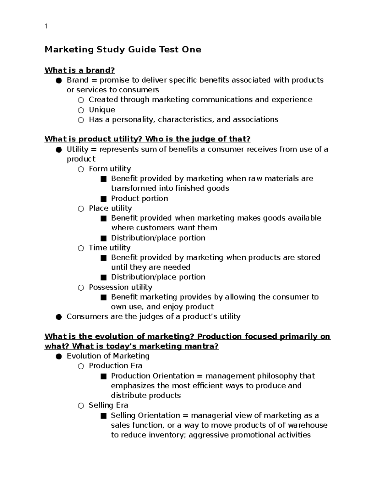 Marketing Concepts Study Guide Test 1 - Studocu
