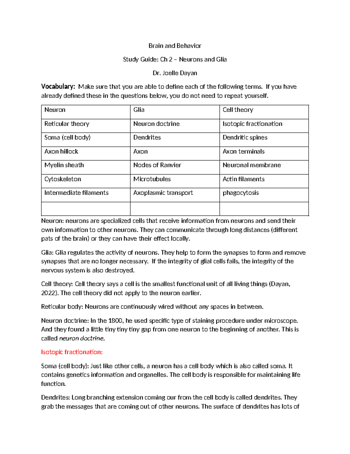 Brain and Behavior Study Guide: Ch 2 - Neurons & Glia (Final Exam ...