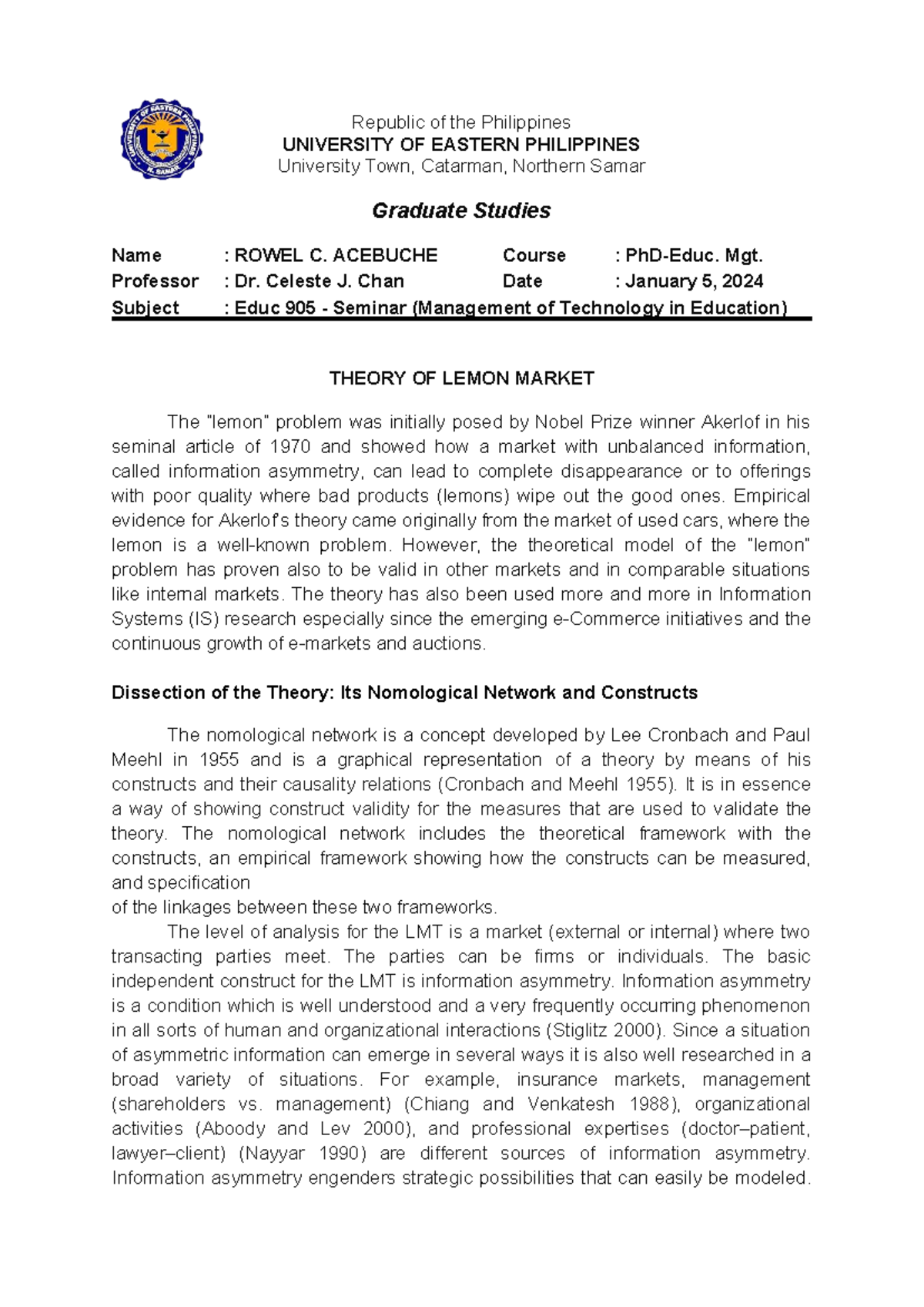 Educ 905 Seminar: Theory of Lemon Market in Education - Studocu
