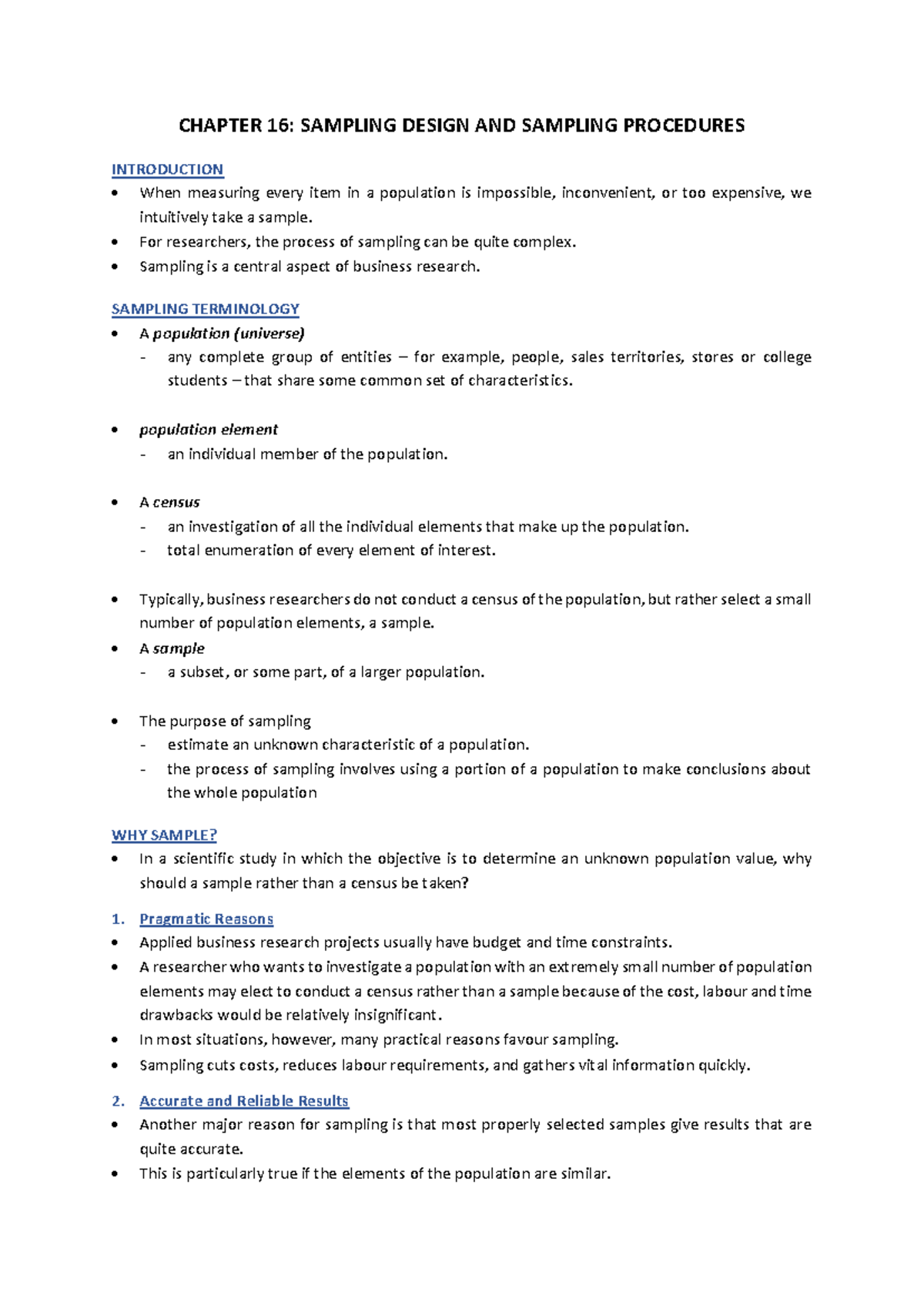 Sampling Design and Procedures: Chapter 16 Study Notes (BUS 101) - Studocu