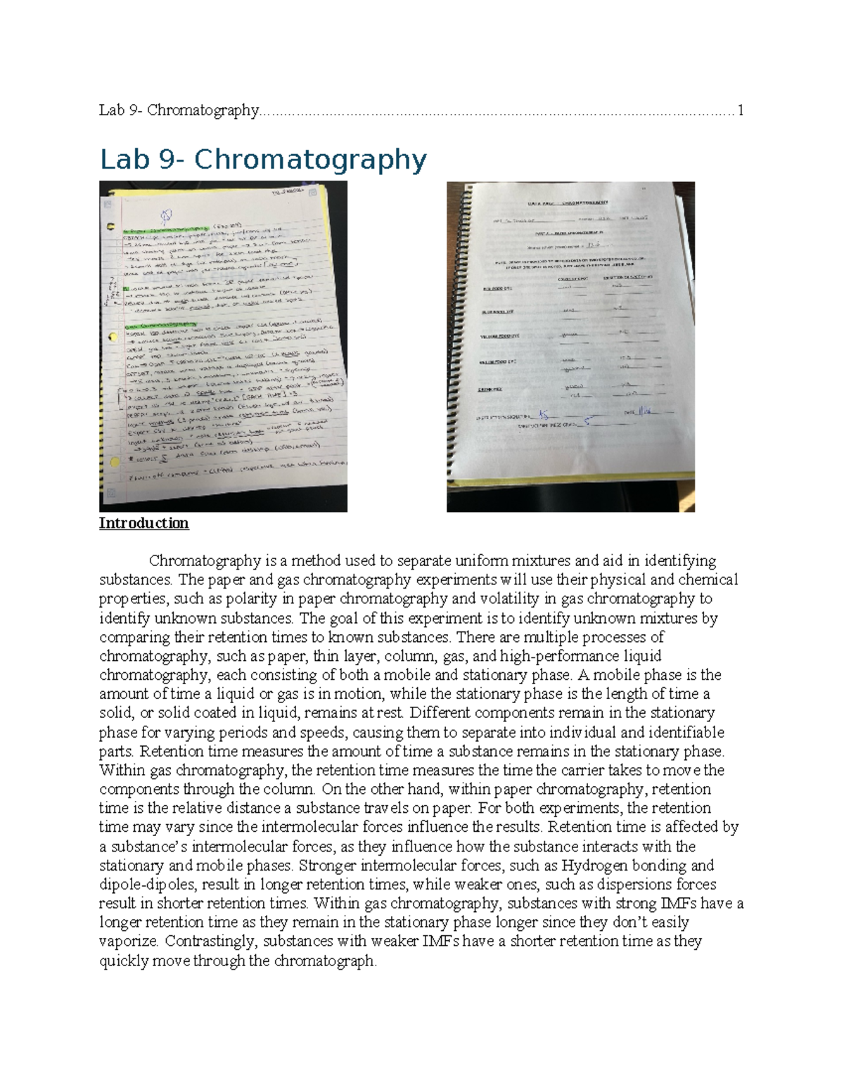 Chromatography Lab - Lab 9- - Studocu