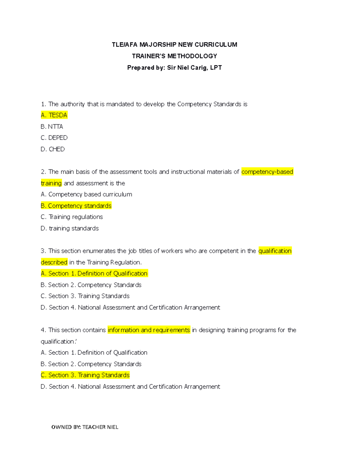 Day 10: Trainer's Methodology for TLE/AFA Curriculum (KTC) - Studocu