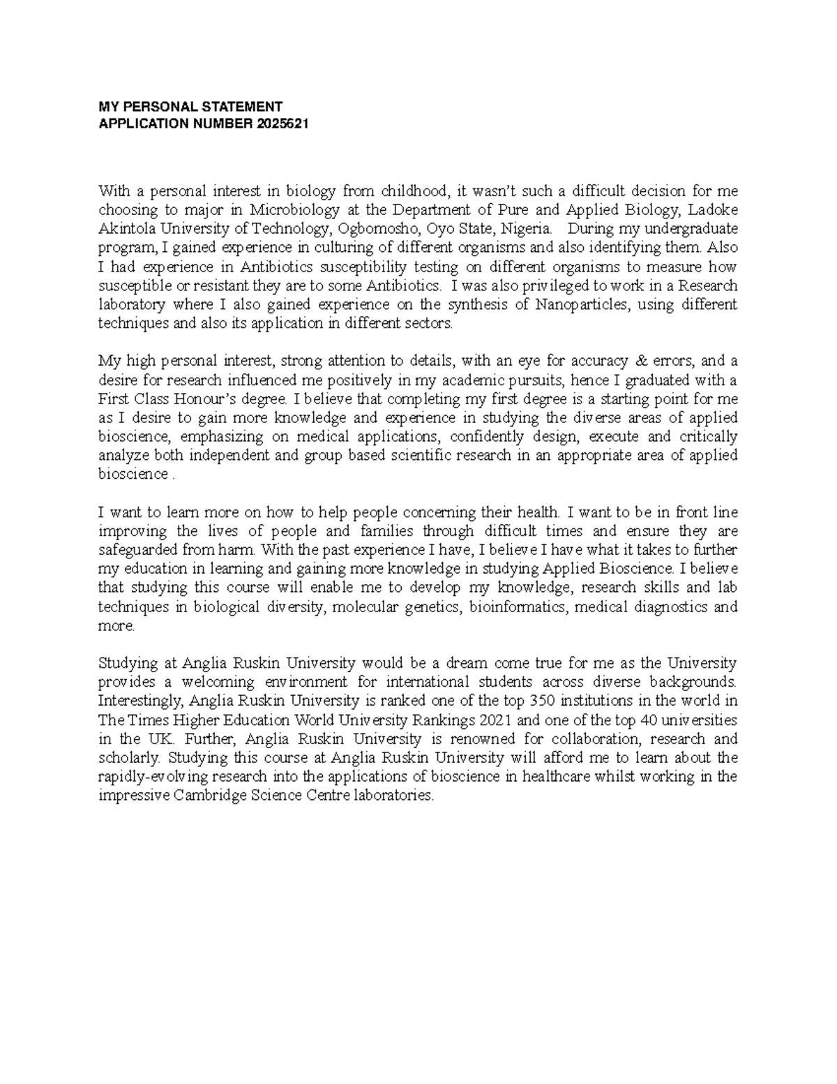 Personal Statement for Microbiology Application No. 2025621 - Studocu