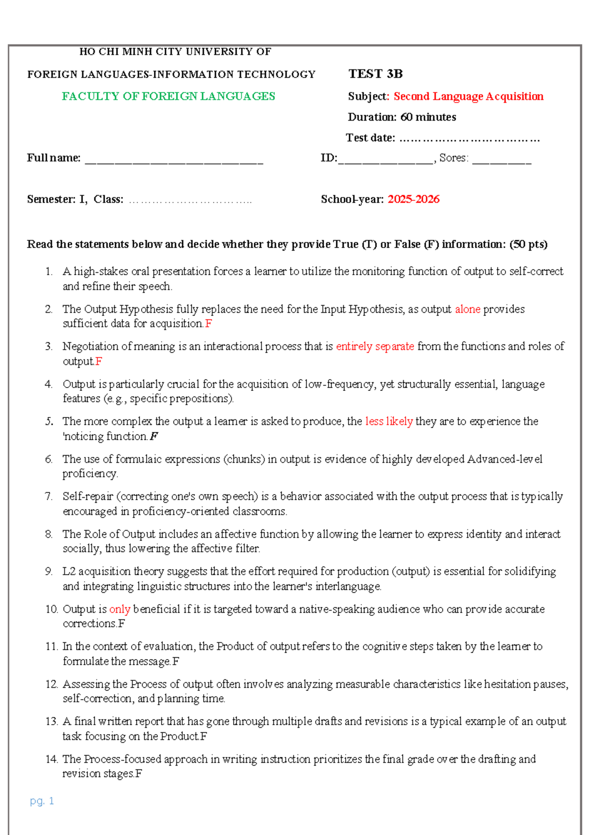 TEST 3B - Second Language Acquisition (SLA) Evaluation - Studocu