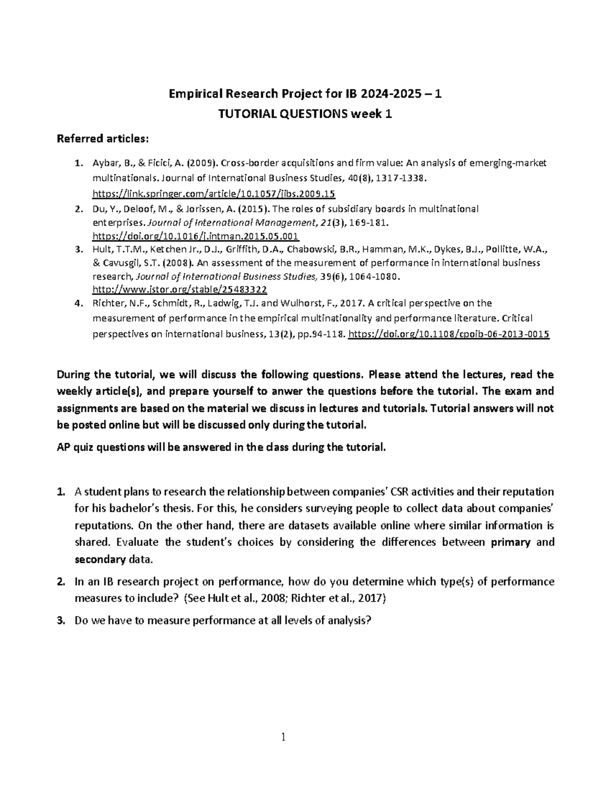 IB 2024-2025: Tutorial Questions for Empirical Research Project 1 ...