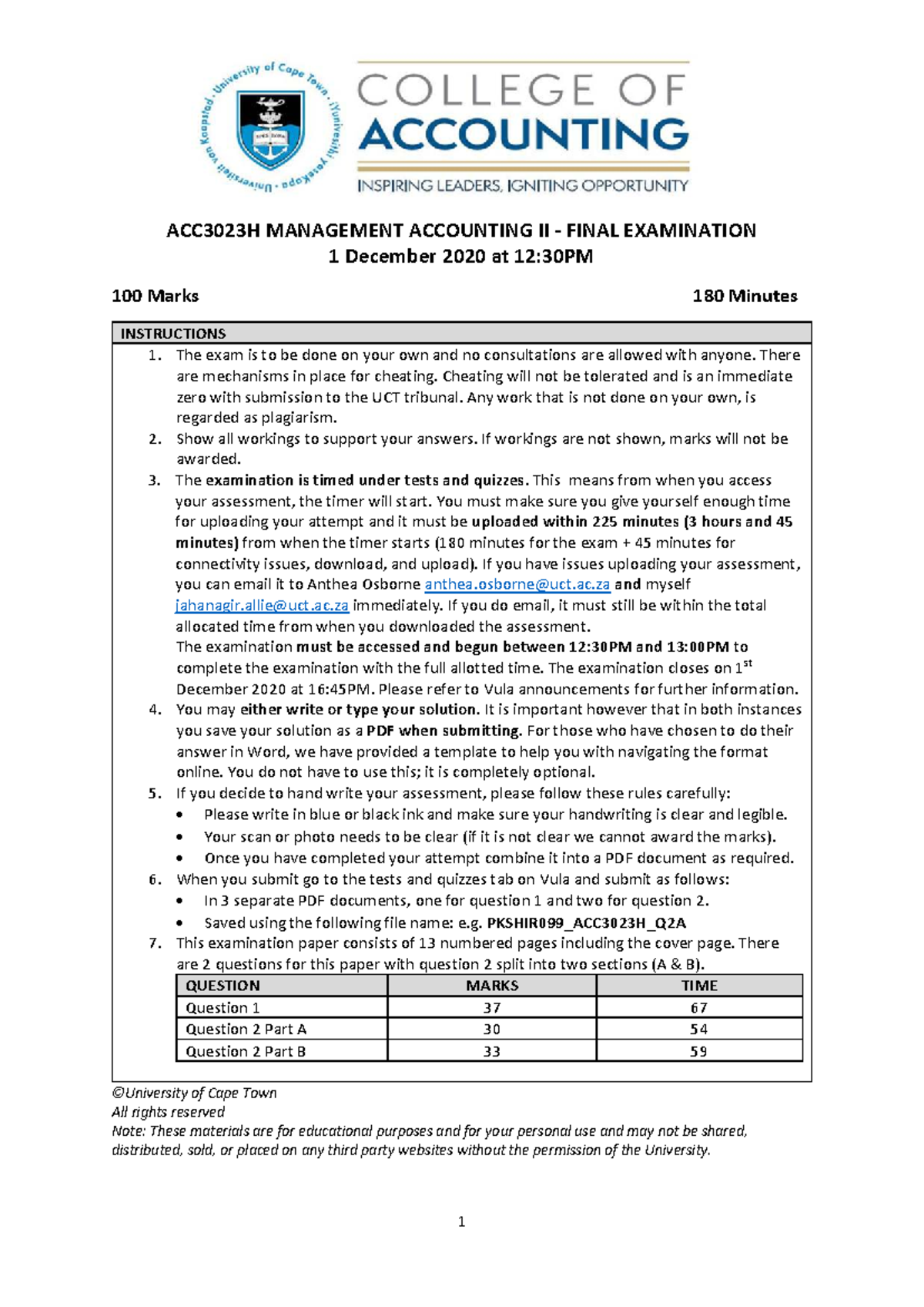 ACC3023H 2020 Final Exam - Management Accounting II Guidelines and ...