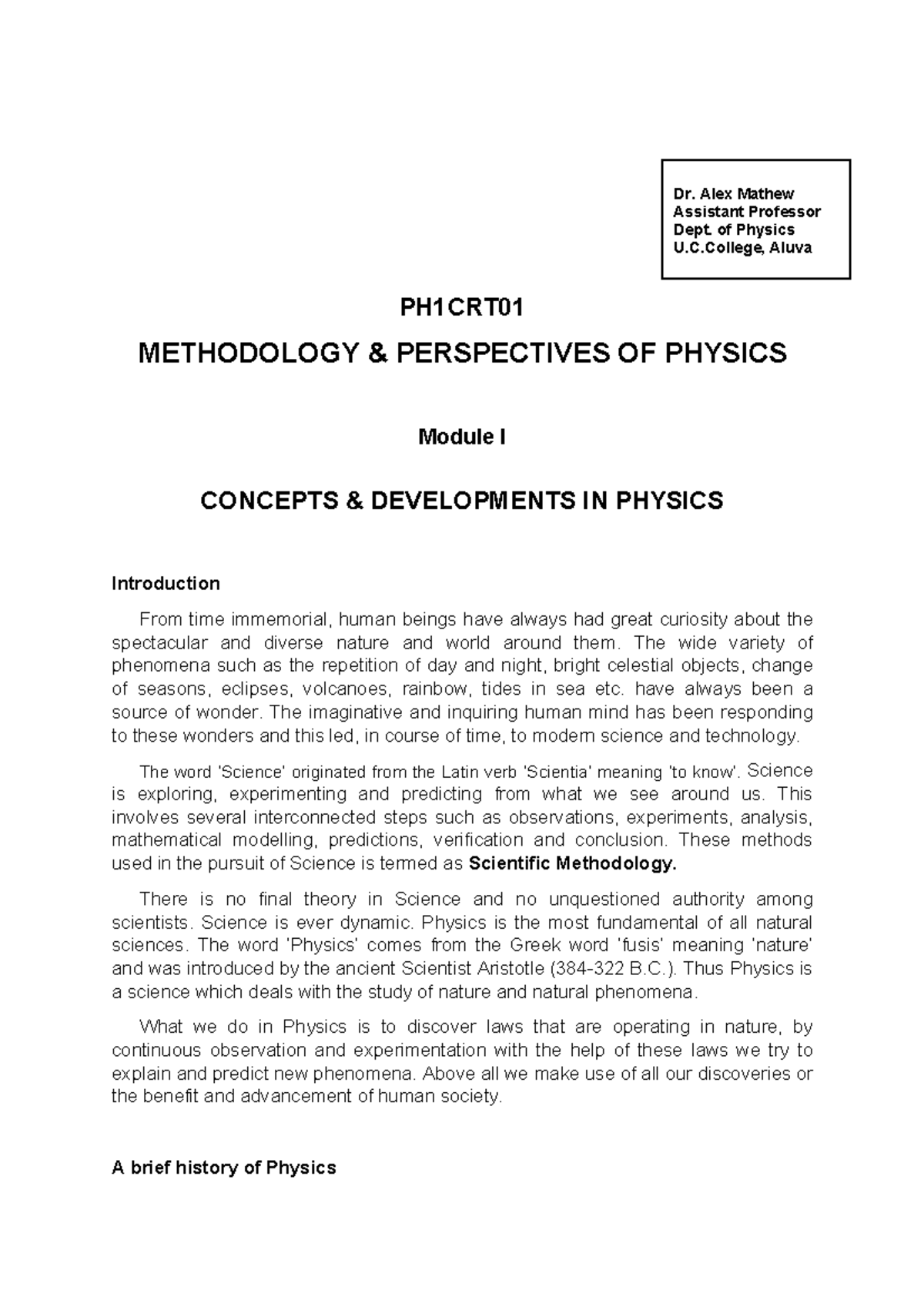 PH1CRT - Key Concepts and Development of Physics Overview - Studocu