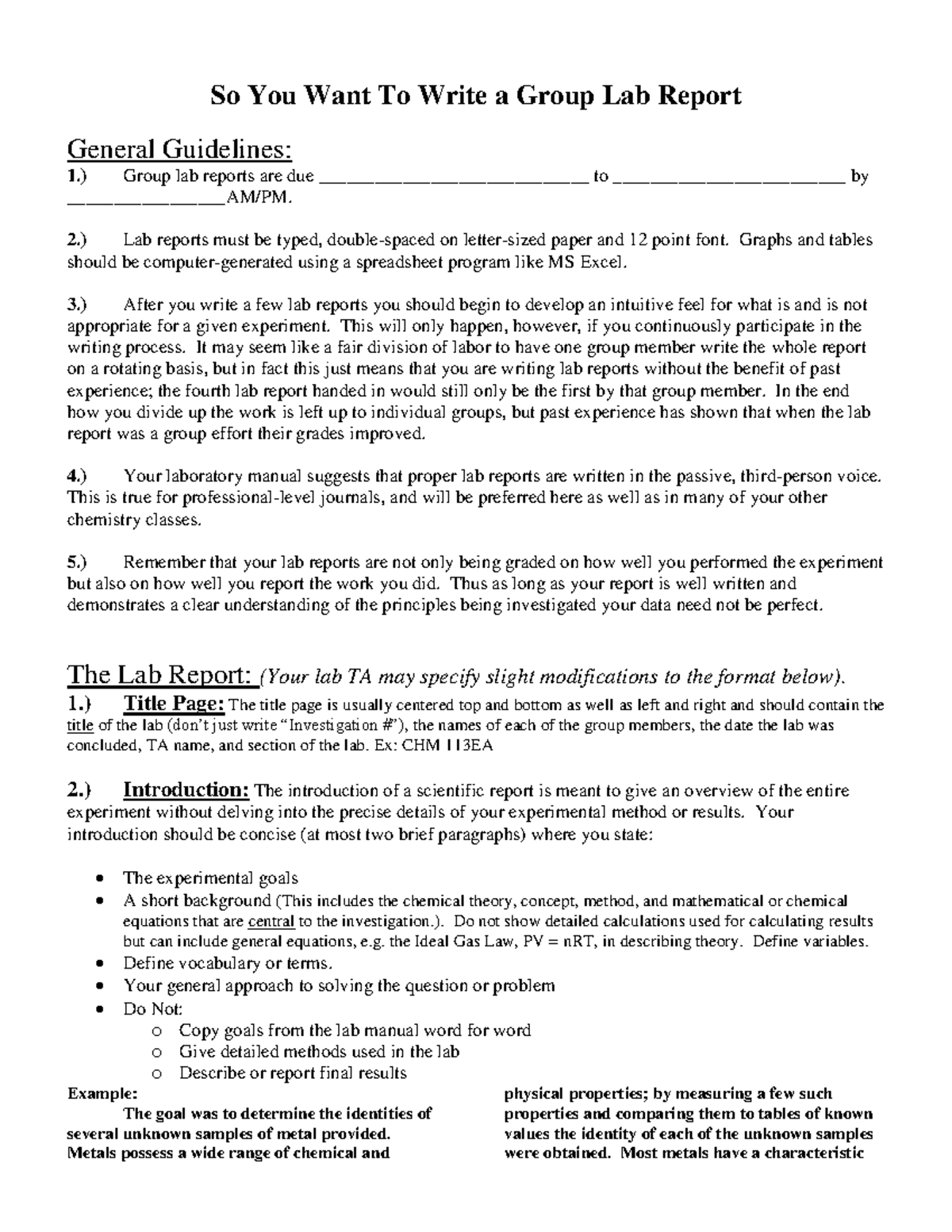 Guidelines for Writing a Group Lab Report (CHM 101, 113, 114, 116 ...