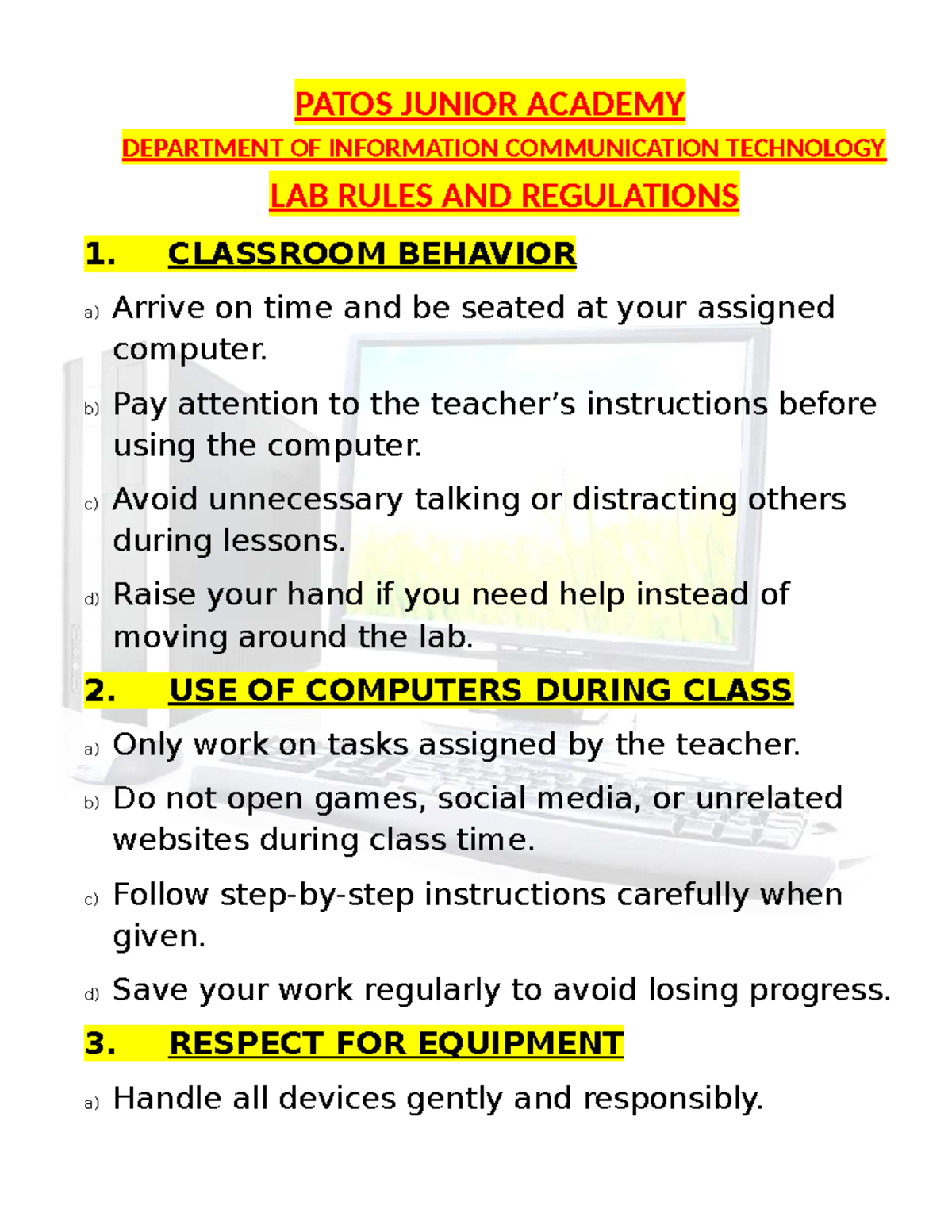 PATOS JUNIOR ACADEMY ICT LAB Rules & Regulations Guide - Studocu