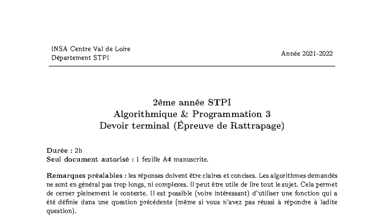 Devoir Terminal STPI 2ème Année - Algorithmique et Programmation 3 ...