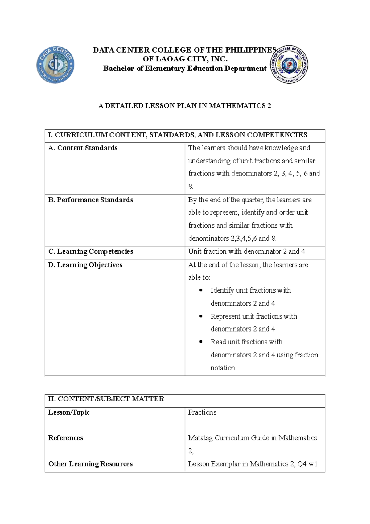 Detailed Lesson Plan in Mathematics 2: Unit Fractions - Studocu