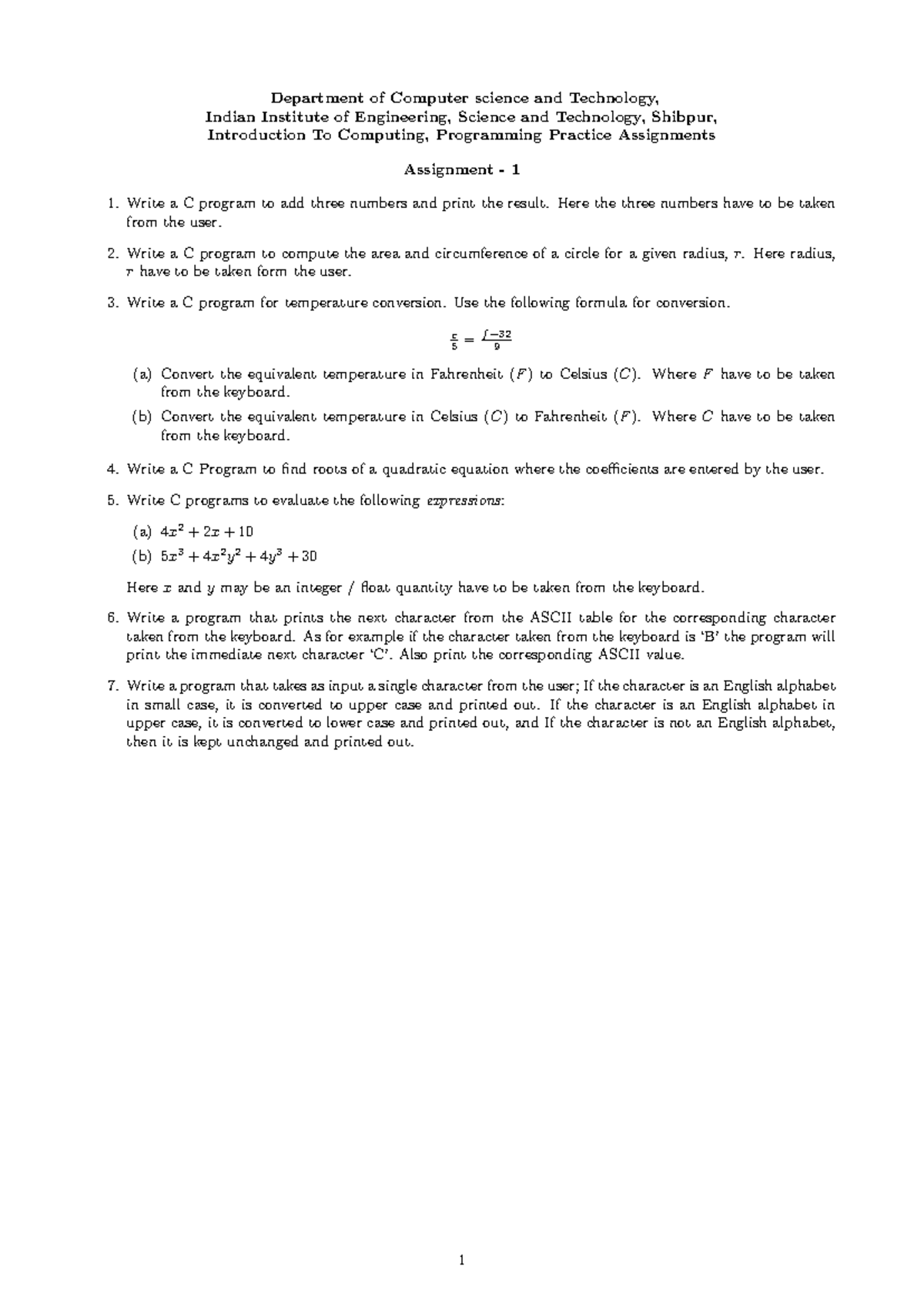 CS101: Introduction to Computing - Programming Practice Assignment 1 ...