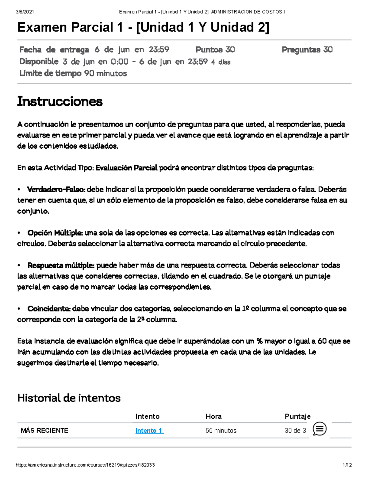 Examen Parcial 1: Administración de Costos I - Unidades 1 y 2 2021 ...