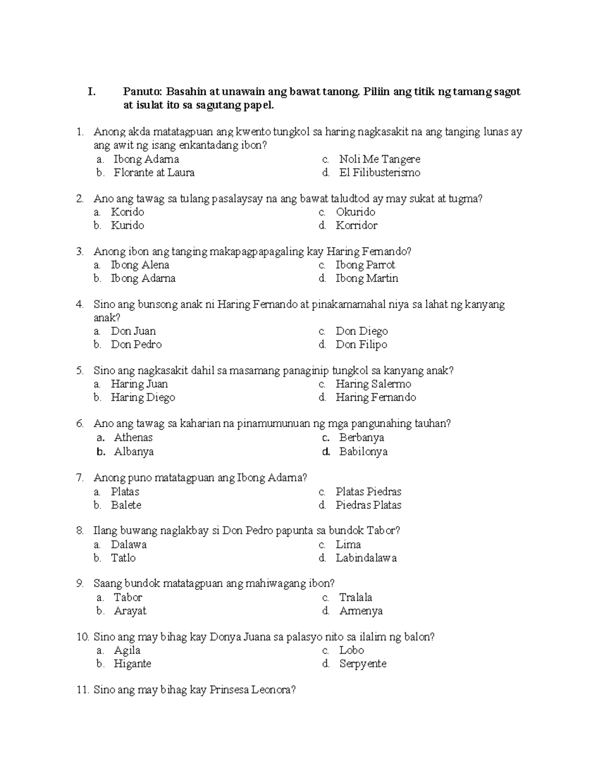 Ibong Adarna pagsusulit: mga tanong at sagot sa kwento - Studocu