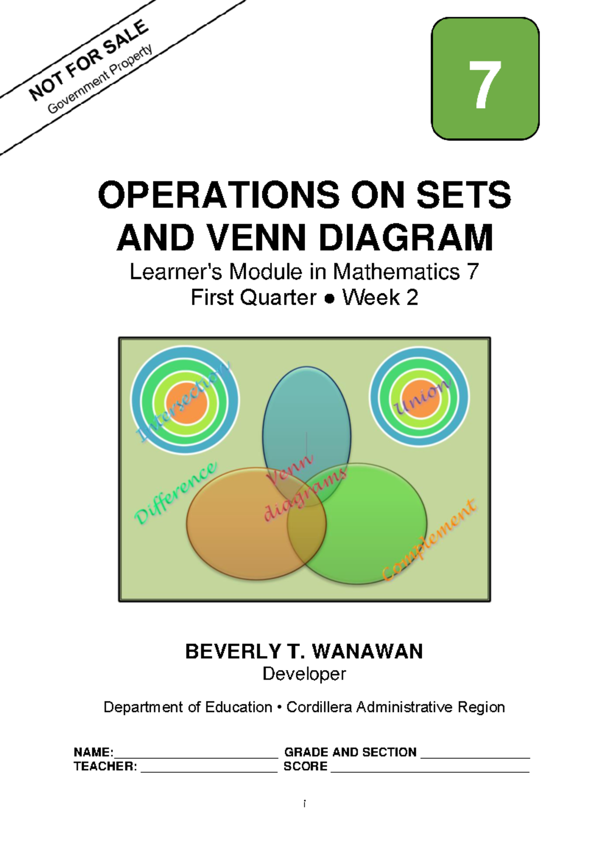 Math 7 Q1: Venn Diagram Operations and Set Relationships - Studocu