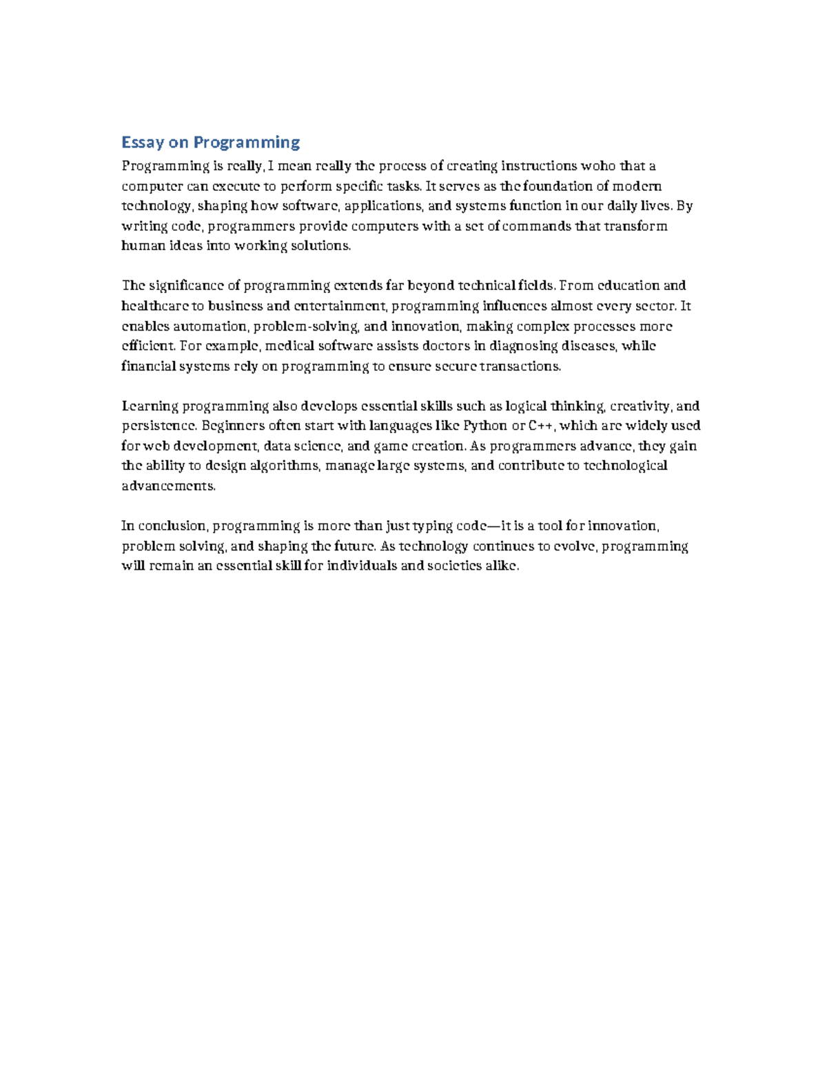 Essay on Programming: The Foundation of Modern Technology - Studocu