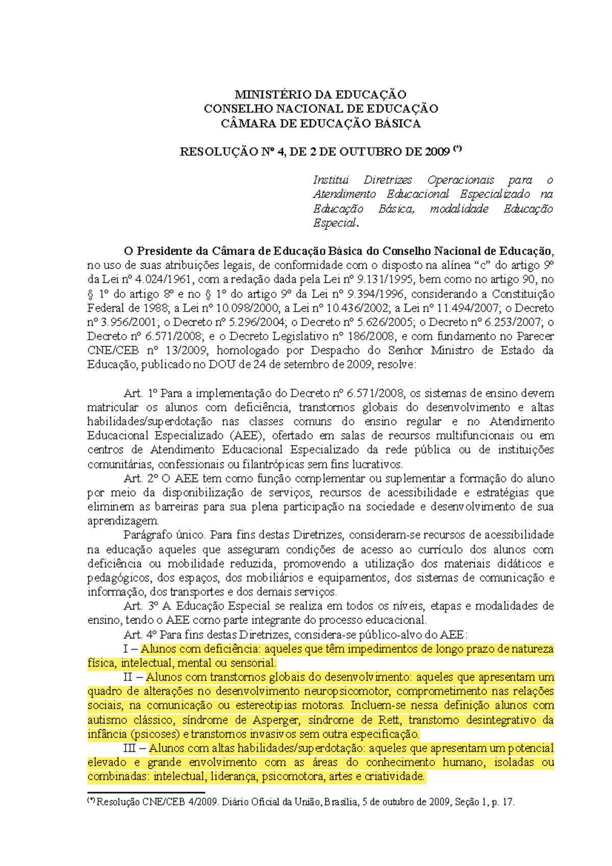 Resolução CNE/CEB 4/2009: Diretrizes para AEE na Educação Especial ...