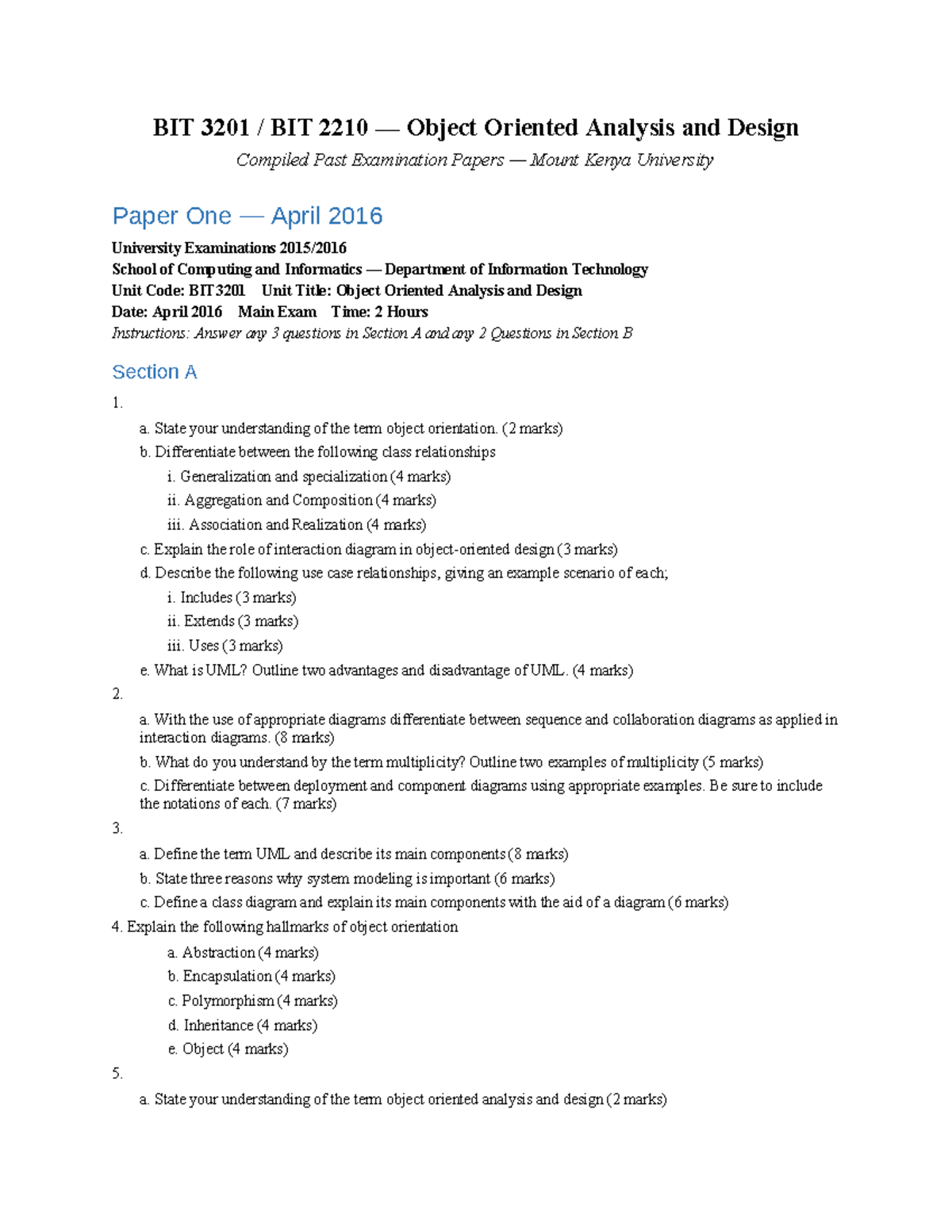 BIT3201 Object Oriented Analysis and Design Past Exam Papers ...