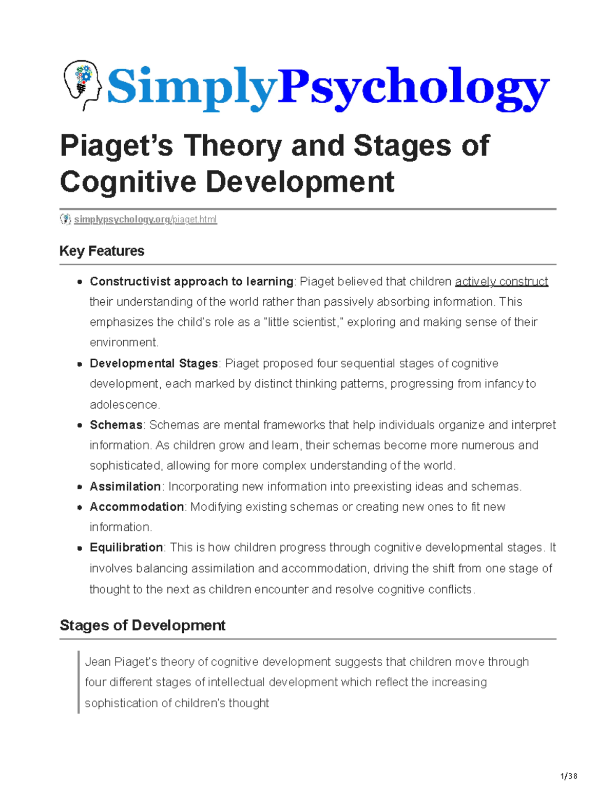 Piaget's Stages of Cognitive Development - Psych 101 Final Review - Studocu