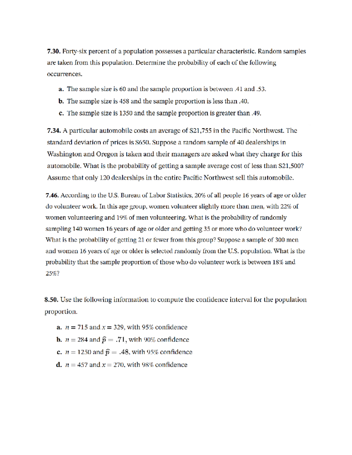 Chapters 7, 8, and 9 Review Problems for Stats 101: Probability ...