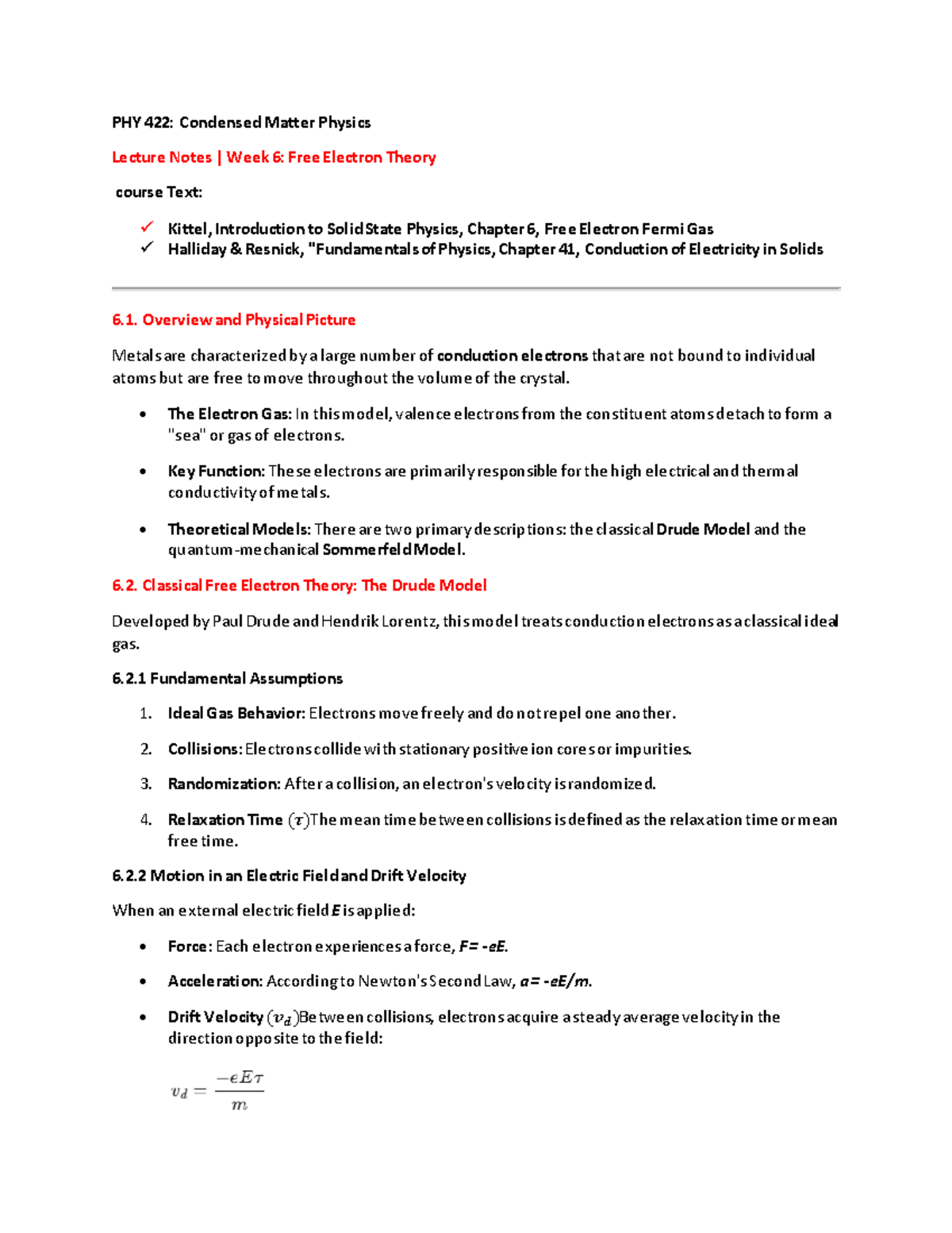 PHY 422: Week 6 Lecture Notes on Free Electron Theory - Studocu