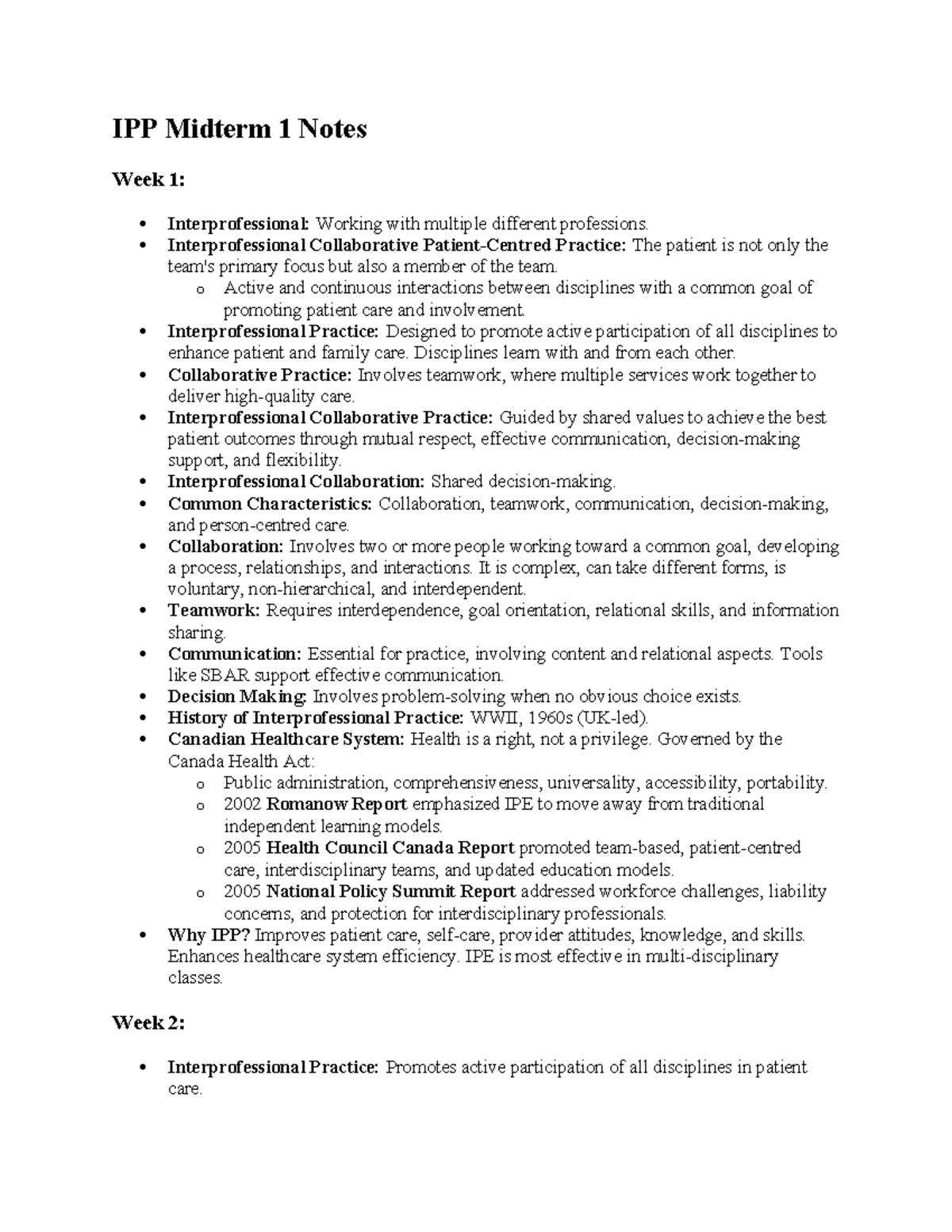 IPP Midterm 1 Notes - IPP Midterm 1 Notes Week 1: Interprofessional ...