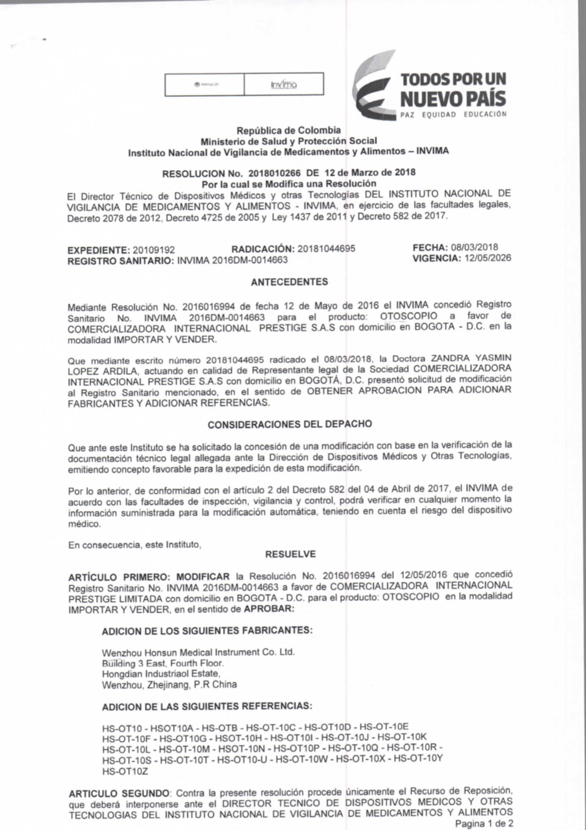 Registro INVIMA 2016 DM-0014663: Modificación de Resolución 2018010266 - Document Preview