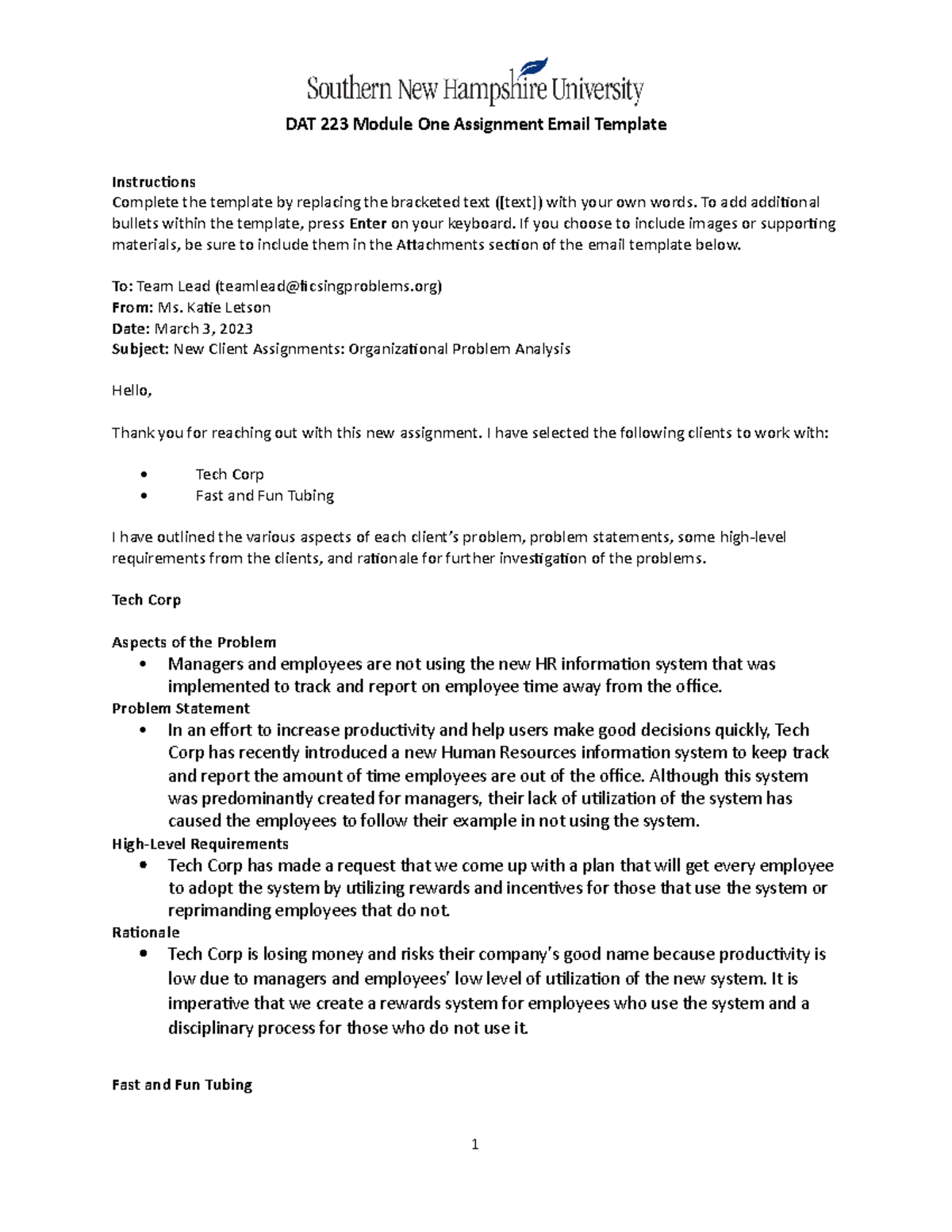 DAT 223 Module One Assignment Email Template - DAT 223 Module One ...