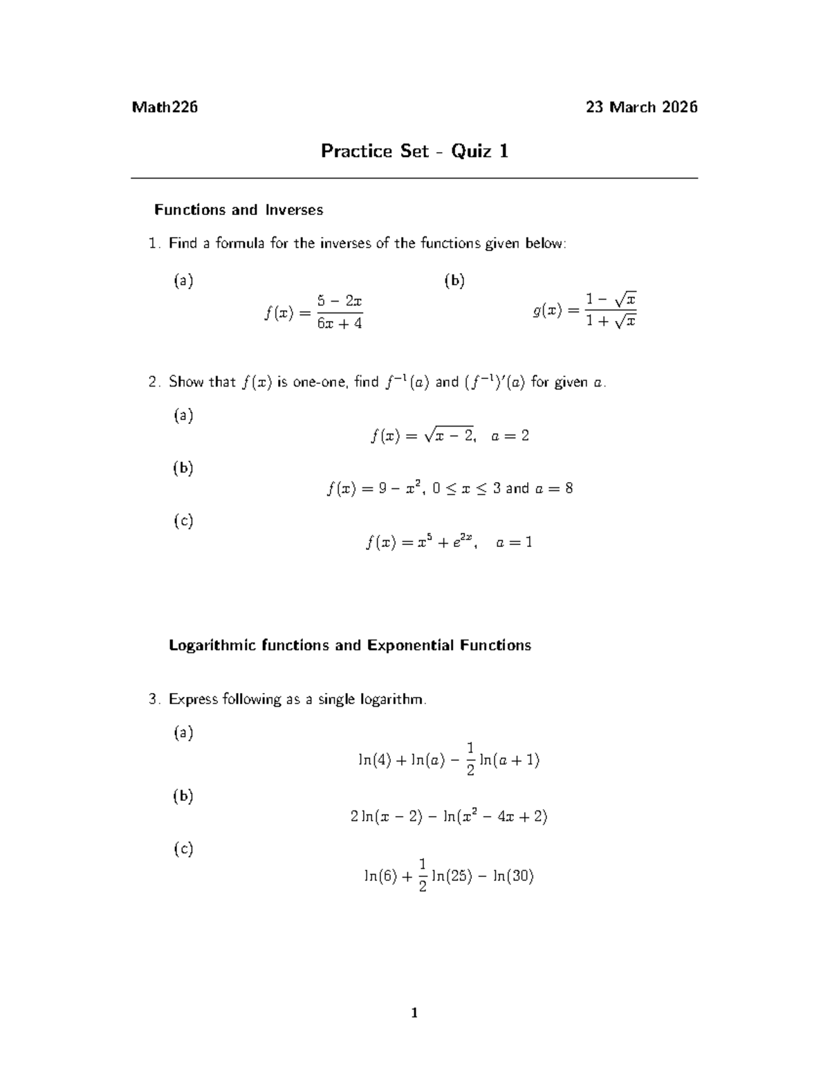 Math226 Quiz 1: Functions, Inverses, and Logarithmic Concepts - Studocu