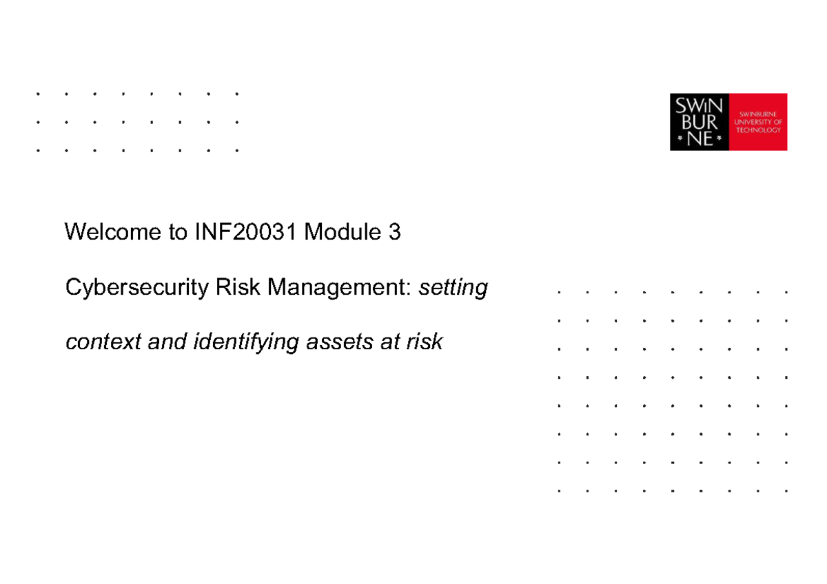 M003 INF20031 Week 3 Learning Plan: Cybersecurity Risk Management - Studocu